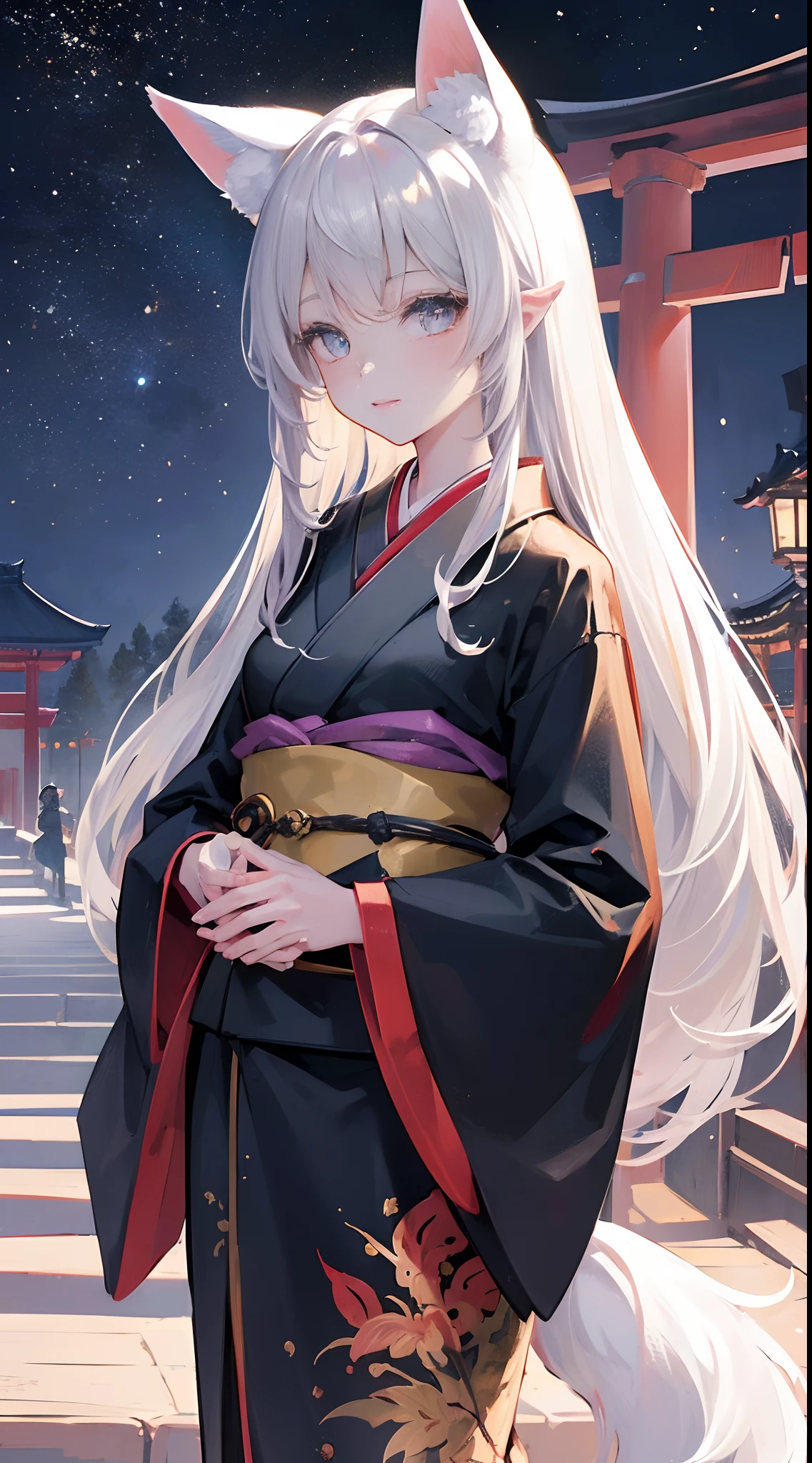 ((masutepiece)), ((Best Quality)), (ultra-detailliert), ((Extremely detailed)), 4K, (8K), Best Quality, (Beautiful), monochromes, grayscales, Traditional Japan ink painting style:1.5, Night, Moon, Starry sky, autumnal, torii gate、shrines、Pretty women, Solo, Beautiful floral kimono, Beautiful silver hair, beautiful gold eyes, ((beautidful eyes)), Twin-tailed, (Silvery fox ears), lightsmile, is standing