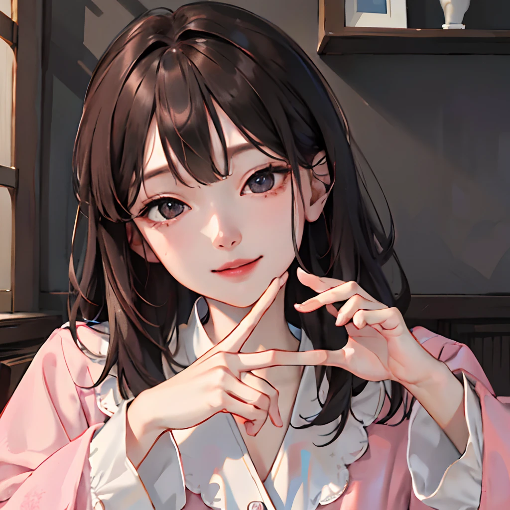 masuter piece:1.2、top-quality)、(Real Photographics、intricate-detail)、独奏、1、Home、facial close-up、The shirt、(Front Focus)、large round、A smile、Gentle、Background Pink、A dark-haired、Bangs center parting、Long、Finger Heart