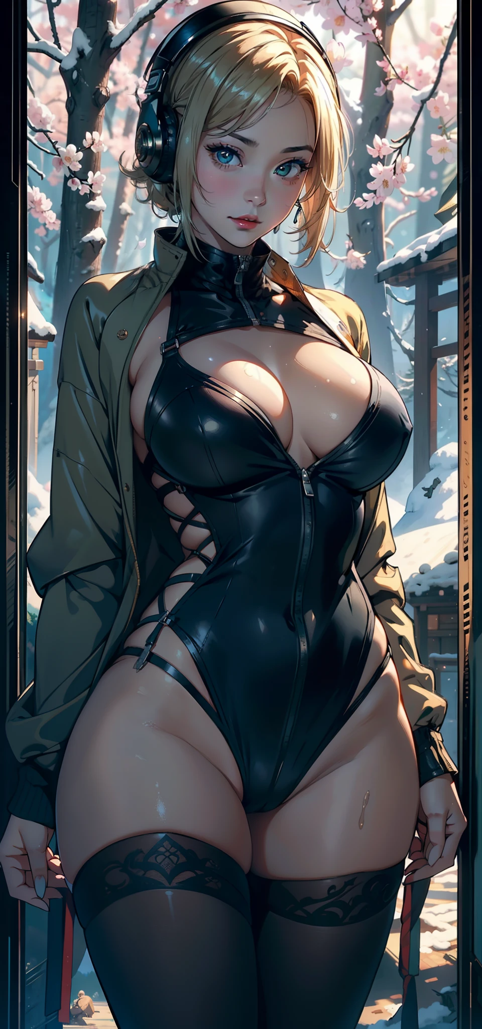 1female,41 years old,熟妇,A MILF ,Married Woman, mature,plumw,extremely large bosom ,Pornographic exposure, 独奏,(Background with:stunning view,coniferous forest,tanks,chariot,Cherry blossom forest)Stand deep in the forest,Snow-white skin, She has short blonde hair,seen from the front, hair straight,(((tmasterpiece),(Very detailed CG unity 8K wallpaper),best qualtiy,cinmatic lighting,detailed back ground,beatiful detailed eyes,Bright pupils,Redlip(Very fine and beautiful),(Beautiful and detailed eye description),ultra - detailed,tmasterpiece,)),facing at camera,A high resolution,ultra - detailed),revealing breasts,Bare genitalia, Bulge,legs are open,Raised sexy,Camel toes,Flushed complexion,World War II American officer,frontage,(Wearing:headset on head,Green baseball jacket,Black tights)