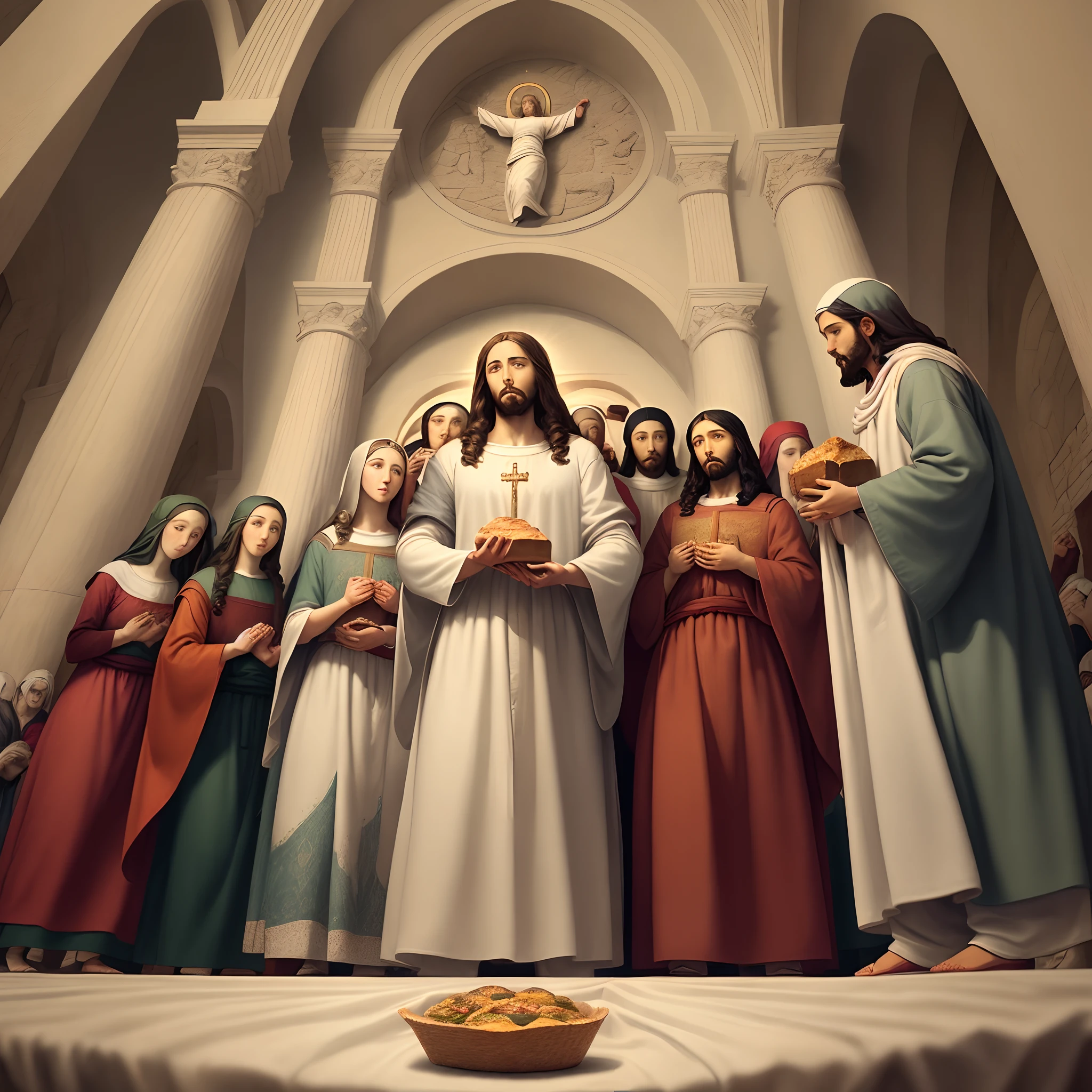 Jesus Blessing the Loaves and Fishes: An image of Jesus standing with the five loaves and two fish in his hands, looking up to heaven in prayer before blessing them.