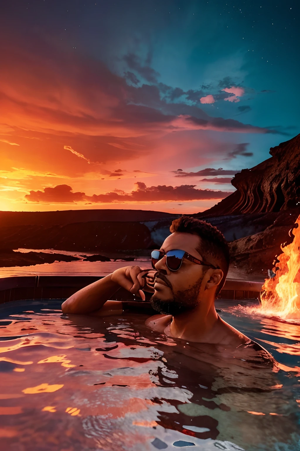 guttoépico2, "An individual wearing sunglasses inside a pool of volcanic lava. The sky above is tinged in fiery red tones, and the person appears happily immersed in this extraordinary scenery. Os arredores incluem objetos engolfados pelas chamas, Adding realism to the fantastic scene."