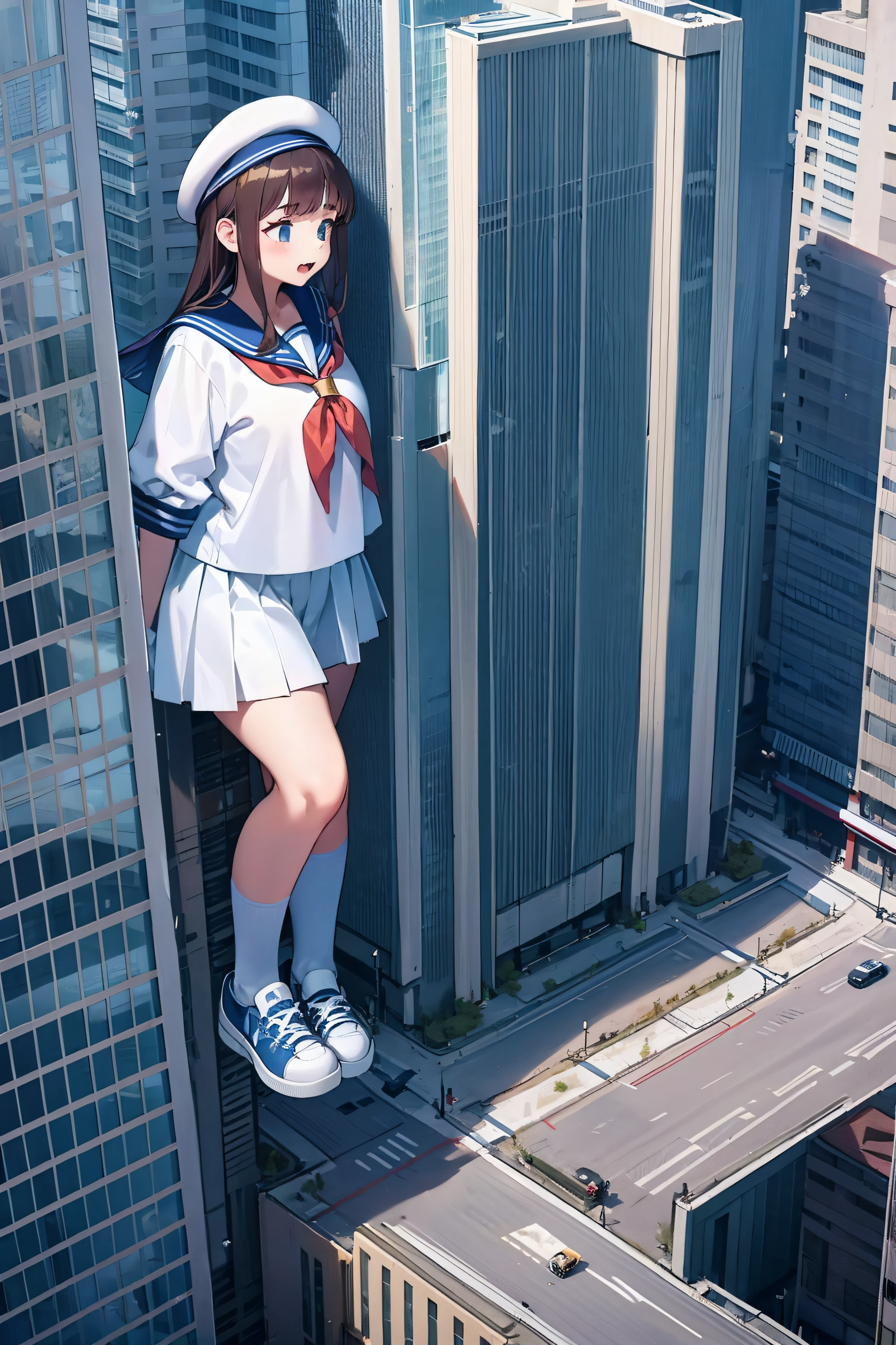 Huge teenage girl in sneakers，A girl taller than a building，a sailor suit，short  skirt,Squatting maiden