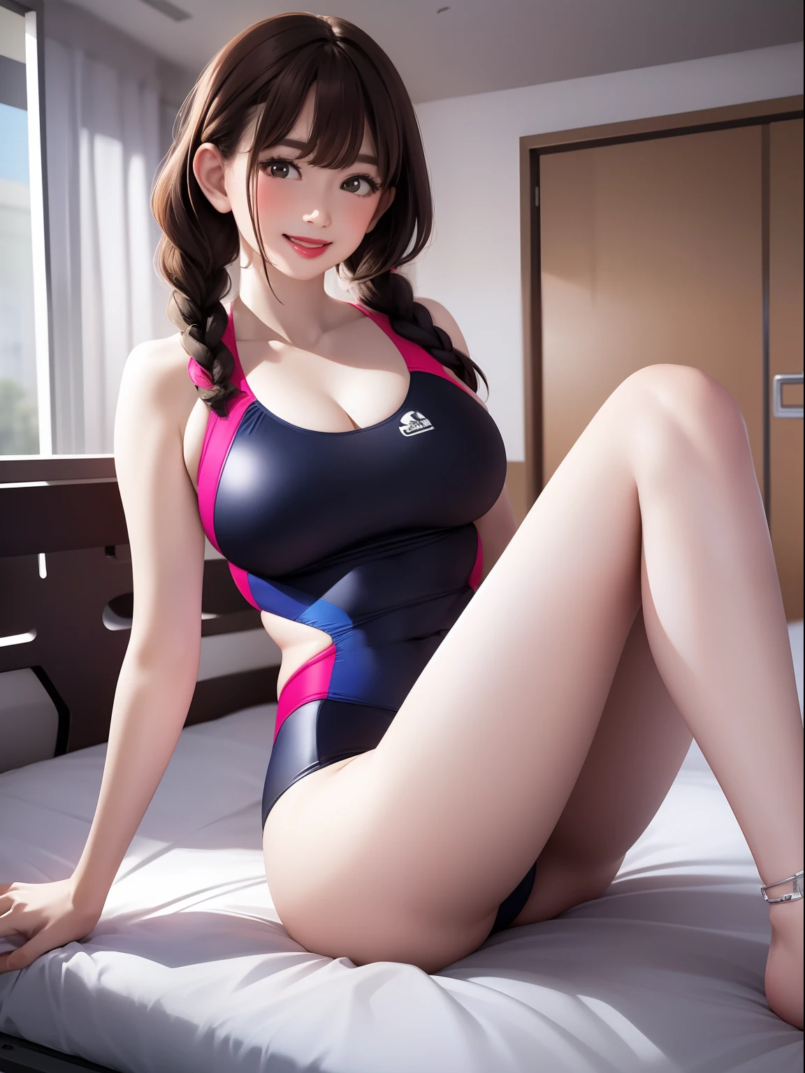 Spread legs、m-legs,Whole body、competition swim suit, onepiece swimsuit, Latex,Braids、red lipsticks、a miniskirt、Full smile、Lift the hem of the skirt、Hospital bed,irrumatio,
