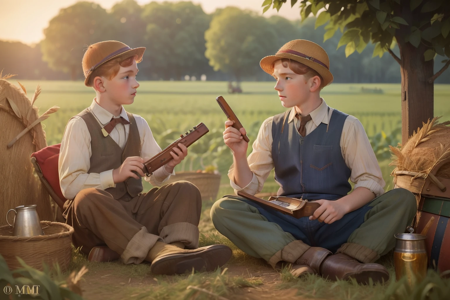 Year: 1932. Location: Lincoln, Minnesota. pre-raphaelite scene with a 12-year-old redhead boy with (freckles), playing the harmonica, sitting by a bonfire, next to his16-year-old brother, ((((1930s poor clothes)))) ((1930s hairstyle)) ((in the style of "OMITB")) ((cinematic style))