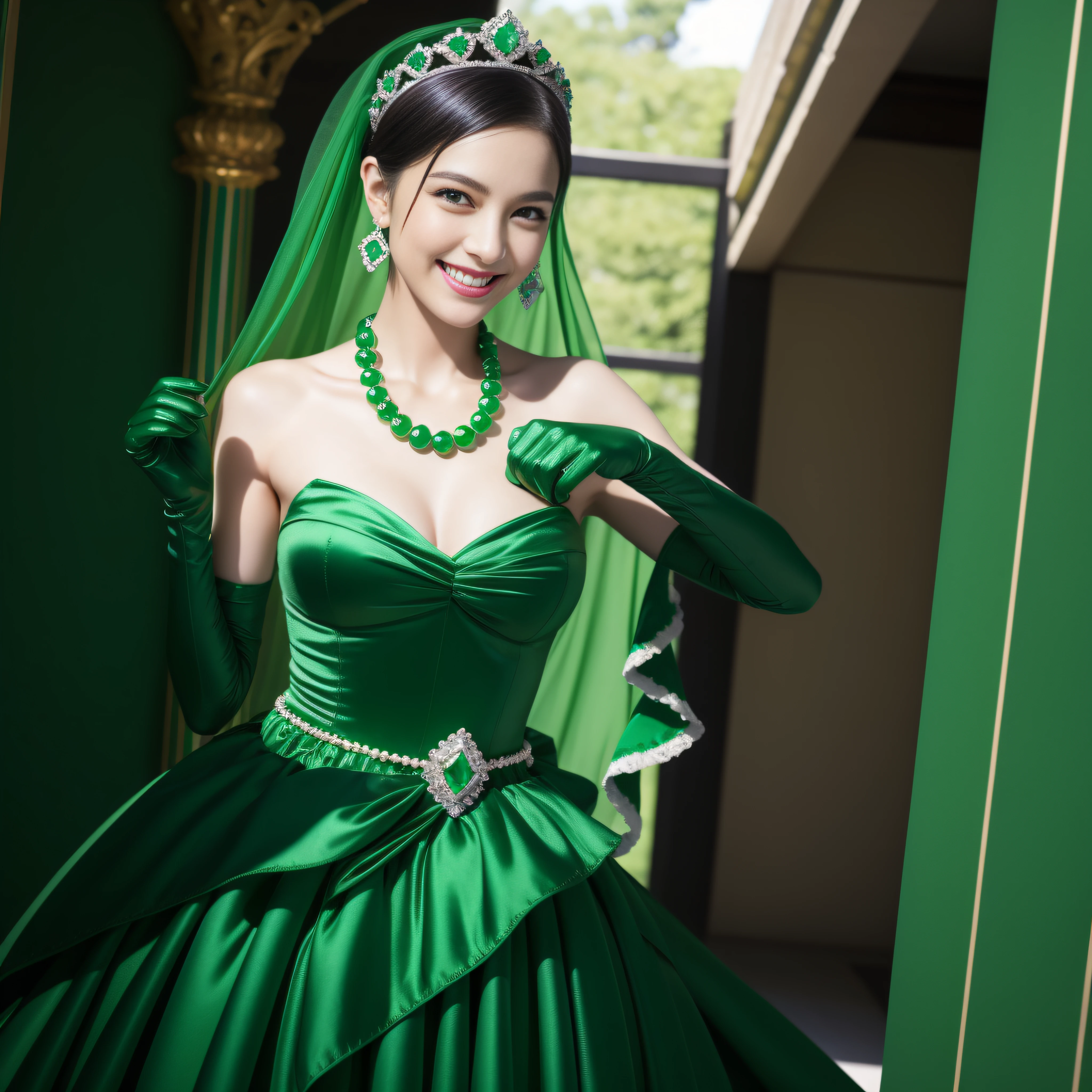 emerald tiara, Green Pearl Necklace, Boyish very short black hair, lipsticks, Japan woman smiling, very short short hair, big breasts beautiful, Green eyes, Long green gloves made of satin material, Green eyes, Emerald Earrings, Green dress