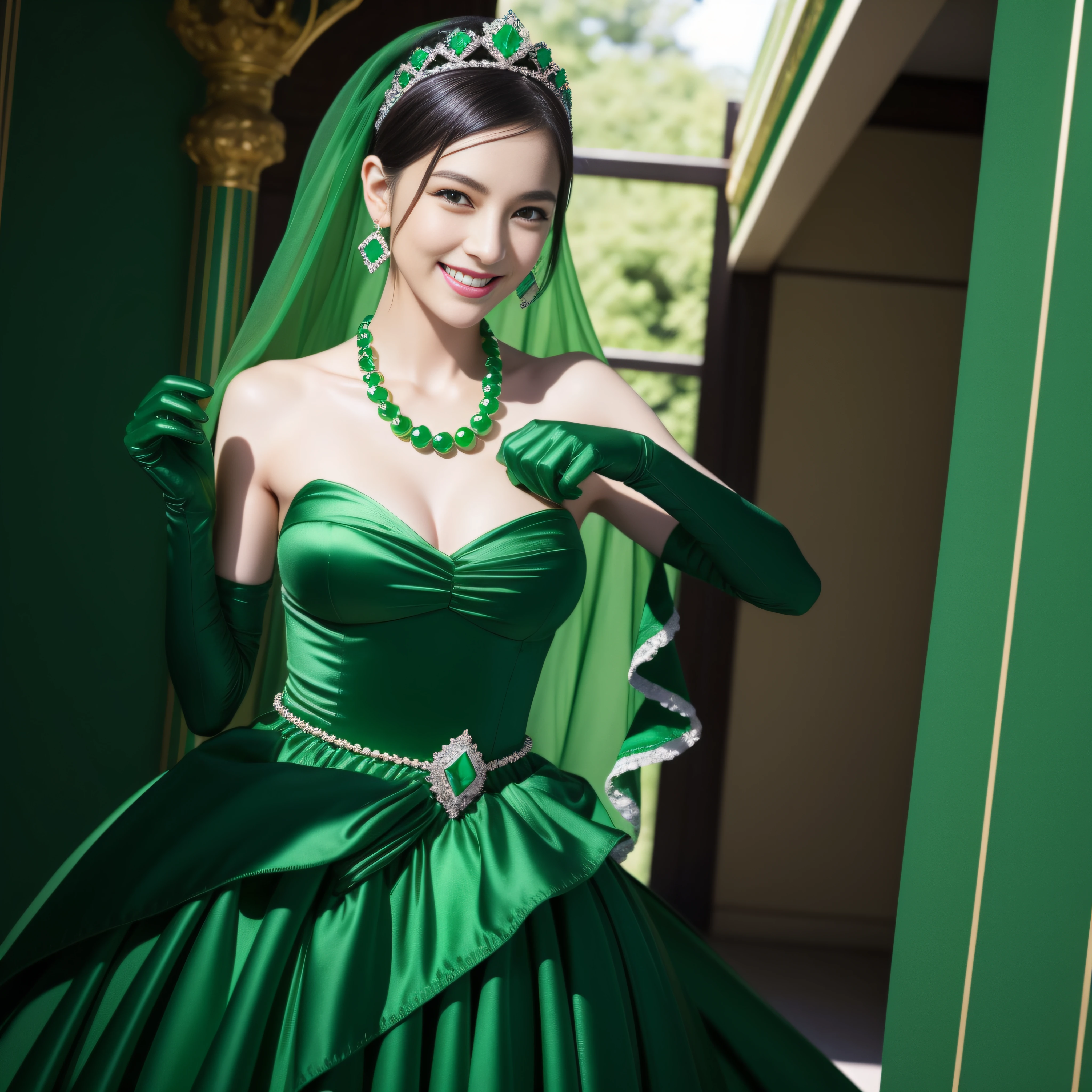 emerald tiara, Green Pearl Necklace, Boyish very short black hair, lipsticks, Japan woman smiling, very short short hair, big breasts beautiful, Green eyes, Long green gloves made of satin material, Green eyes, Emerald Earrings, Green dress