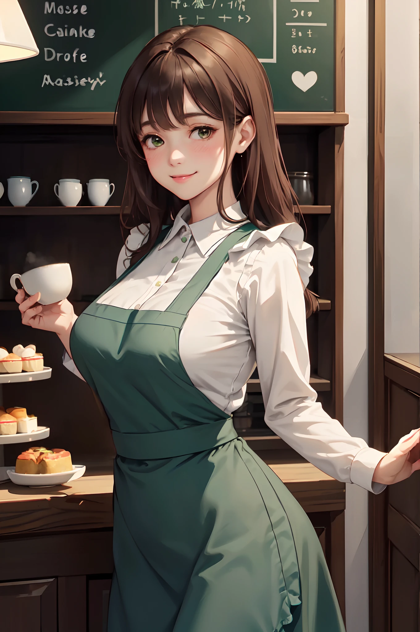 1lady solo, /(staff uniform/) /(deep green apron/), /(brown hair/) bangs, blush kind smile, (masterpiece best quality:1.2) delicate illustration ultra-detailed, large breasts BREAST /(cafe shop/)