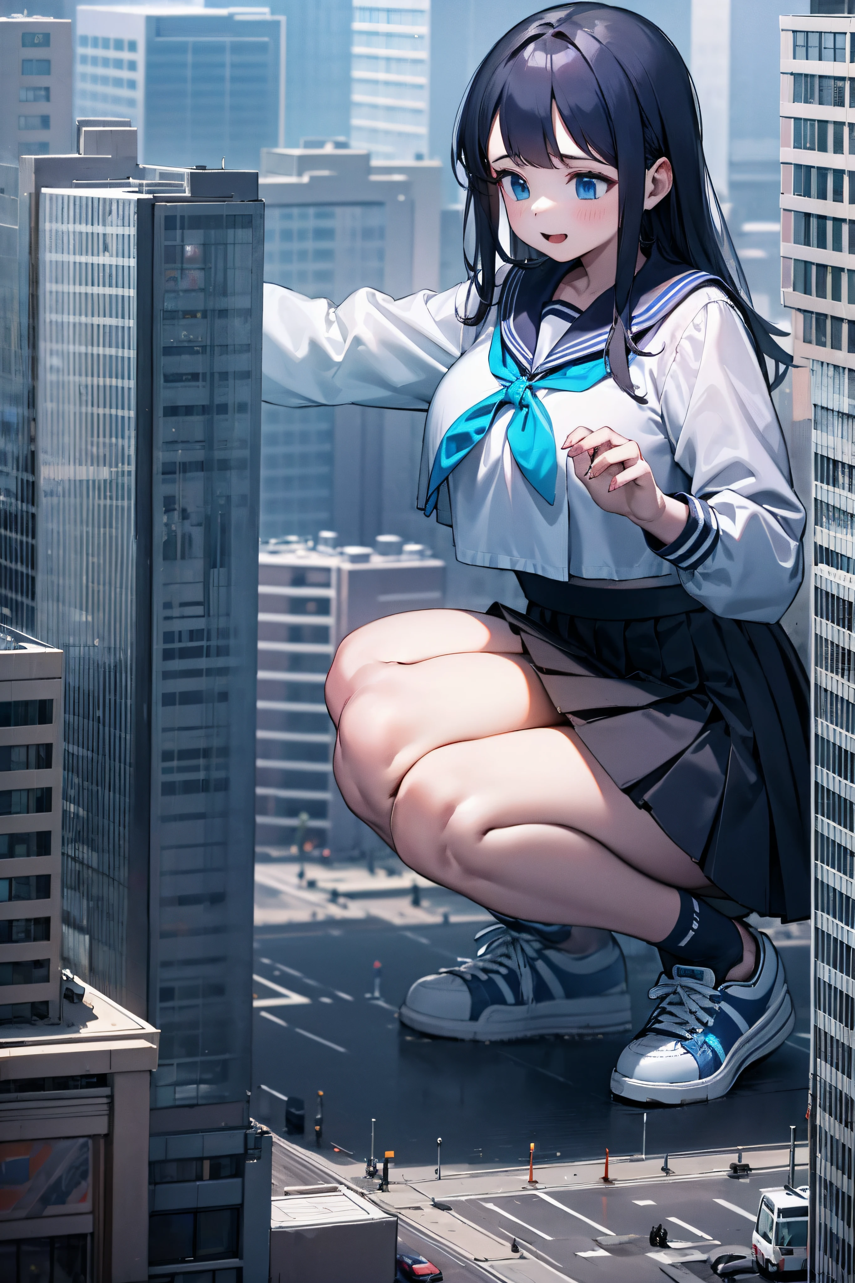 Huge age girl in sneakers,A girl taller than a building,a sailor suit,short skirt,Squatting maiden