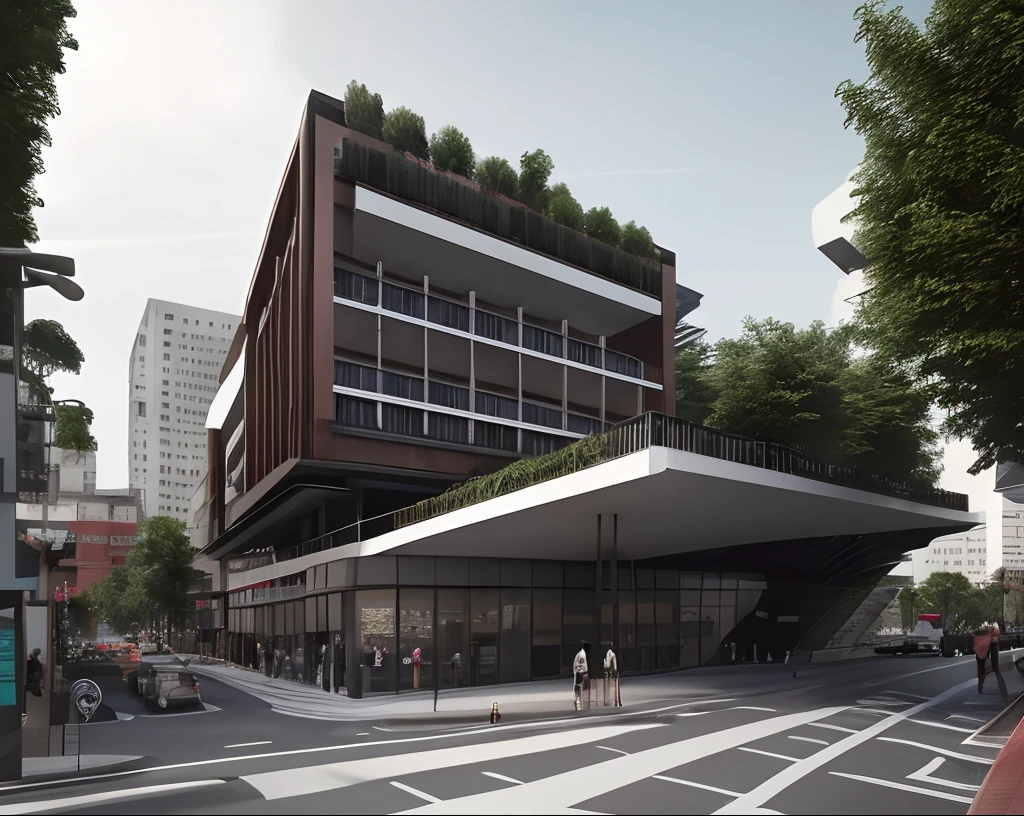 a rendering of a tall building with a balcony and a balcony, concept image, modern lush condo as shopfront, front-view, detail render, from street level, mantra rendering, mid-view, pre-rendered, perspective view, radiosity rendering, rendering of checkmate, frontview, office building, concept drawing, view from ground level, bw 3 d render