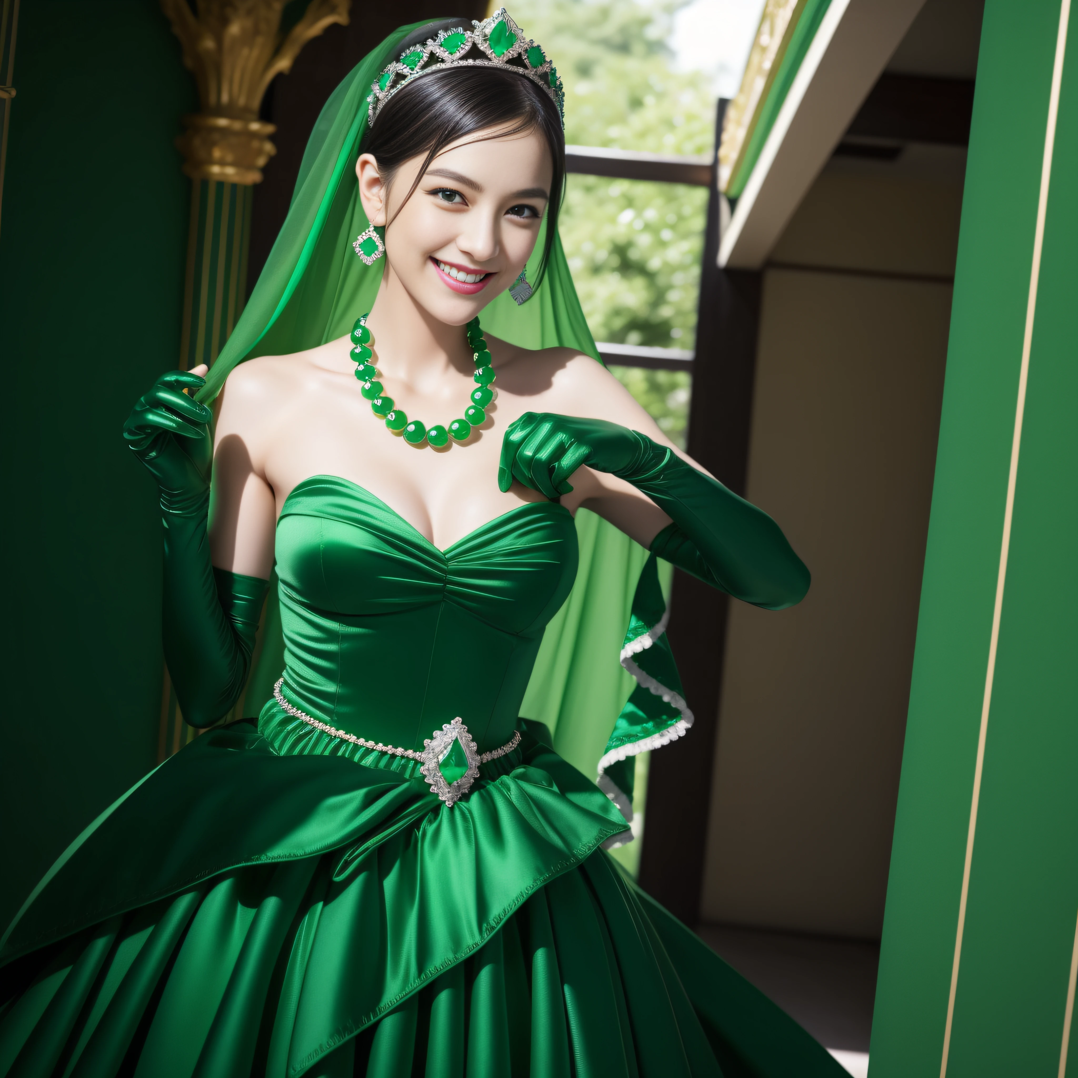 emerald tiara, Green Pearl Necklace, Boyish very short black hair, lipsticks, Japan woman smiling, very short short hair, big breasts beautiful, Green eyes, Long green gloves made of satin material, Green eyes, Emerald Earrings, Green dress