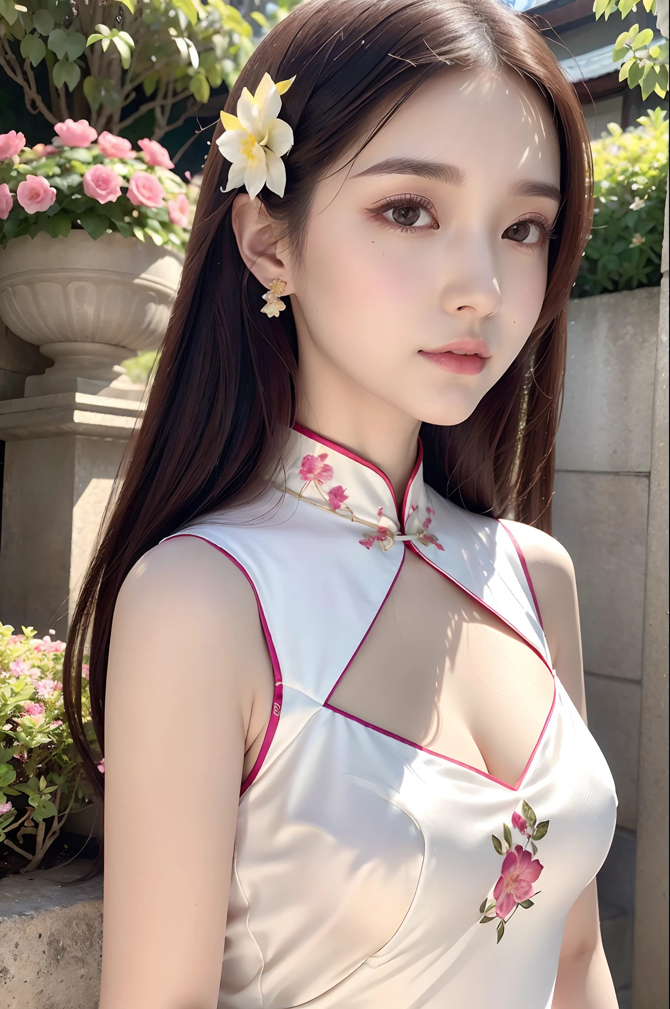 (Masterpiece), Best quality, high resolution, Ultra-detailed, Close-up of people, Chinese white beauty dress, Chinese elegant dress, Exquisite details, The cheongsam is beautiful and elegant, Extremely colorful，The sheen, The dress floats, Dramatic angle, Turn off nature (Close-up), Koi, Warm colors like sunlight focus personal warmth, Champagne, Details are highlighted, Extra-long color band, Open, full bodyesbian, Many detail elements, Pink petals, Sunlight on the skin, glorious, Hairpins, hydrangeas, Dita.