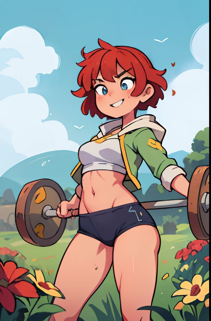 ((best quality, masterpiece)), 
1girl, flowers,  outdoor, clouds on background,fantasy, medieval,  beautiful girl, red messy short hair, determined blue eyes, one ton barbell, girl lifting a big barbell, green field, muscles, big thighs, sweat drops, detailed skin, detailed face, detailed eyes, masterpiece, squat pull barbell, tight yellow shorts, white top and green jacket, smile