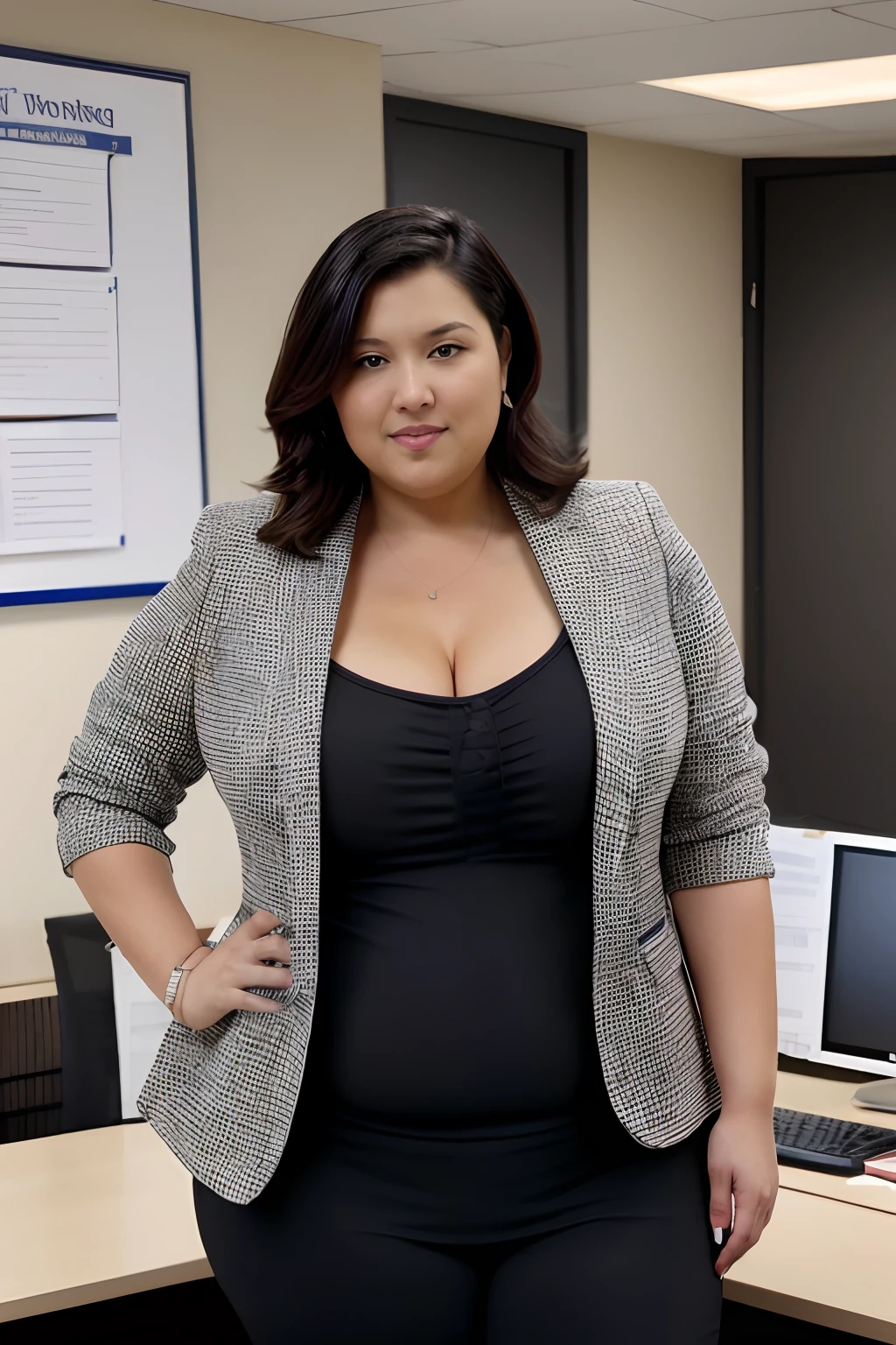 ((8k)), Highest quality, 超High resolution, (High resolution), ((Chubby woman)), Japanese, Double chin, Overweight, Very fat, ((Chubby)), office, Sit in your seat, suit, mini tight skirt, (from below:1.3), (looking down, watching at Viewer:1.3)