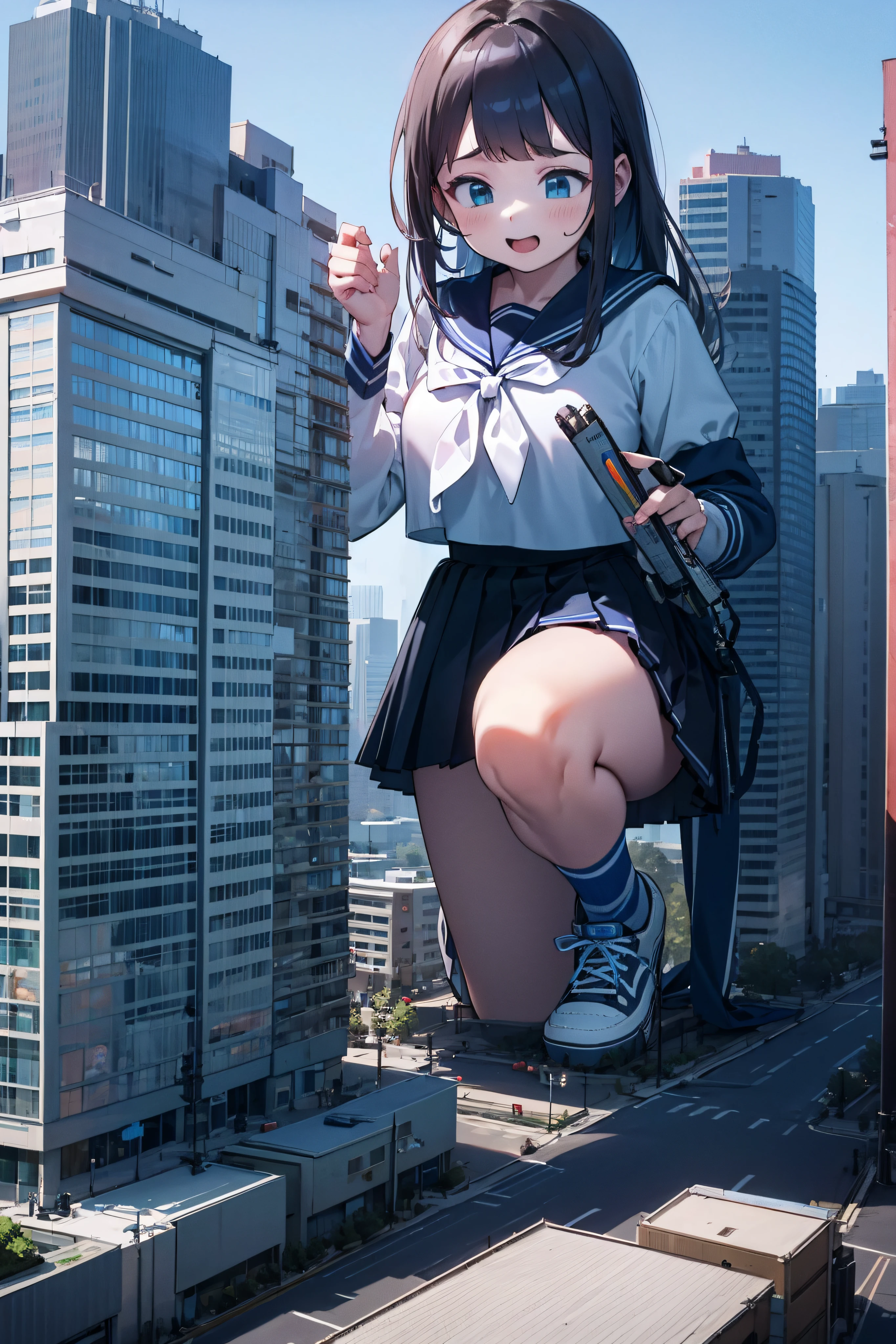 Huge teenage girl in sneakers，A girl taller than a building，a sailor suit，short  skirt,Squatting maiden