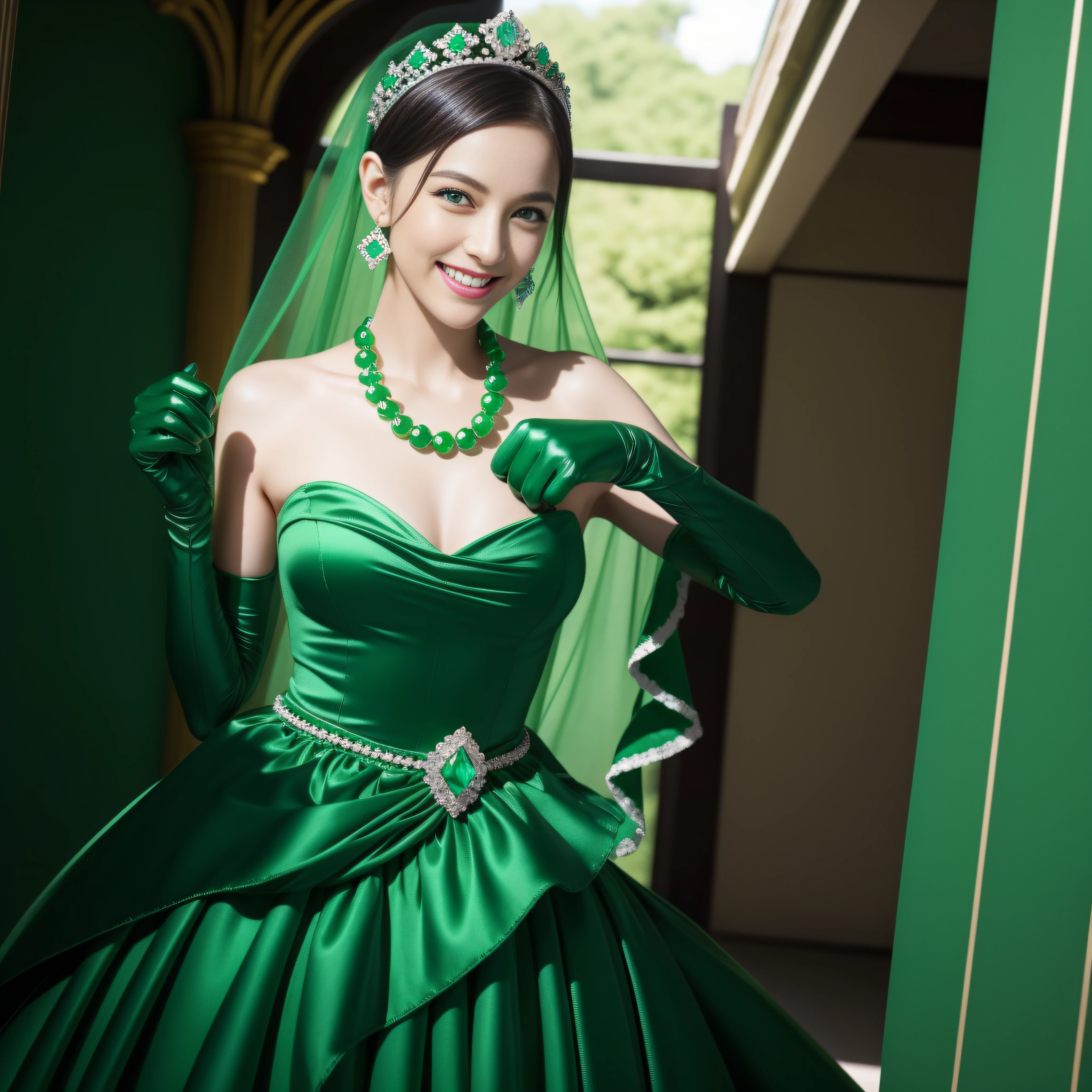 emerald tiara, Green Pearl Necklace, Boyish very short green hair, lipsticks, Japan woman smiling, very short short hair, fist, big breasts beautiful, Green eyes, Long green gloves made of satin material, Green eyes, Emerald Earrings