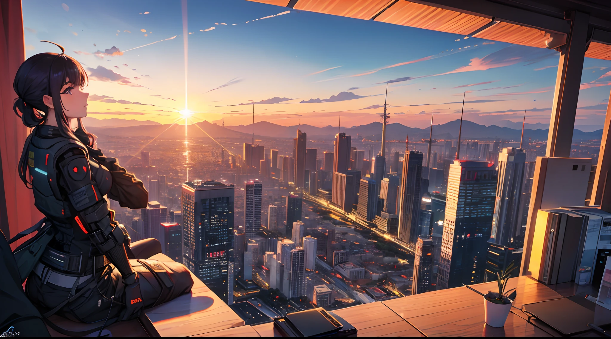 CIDADE, PANORAMICA, CYBERPUNK, LUZES, POR DO SOL