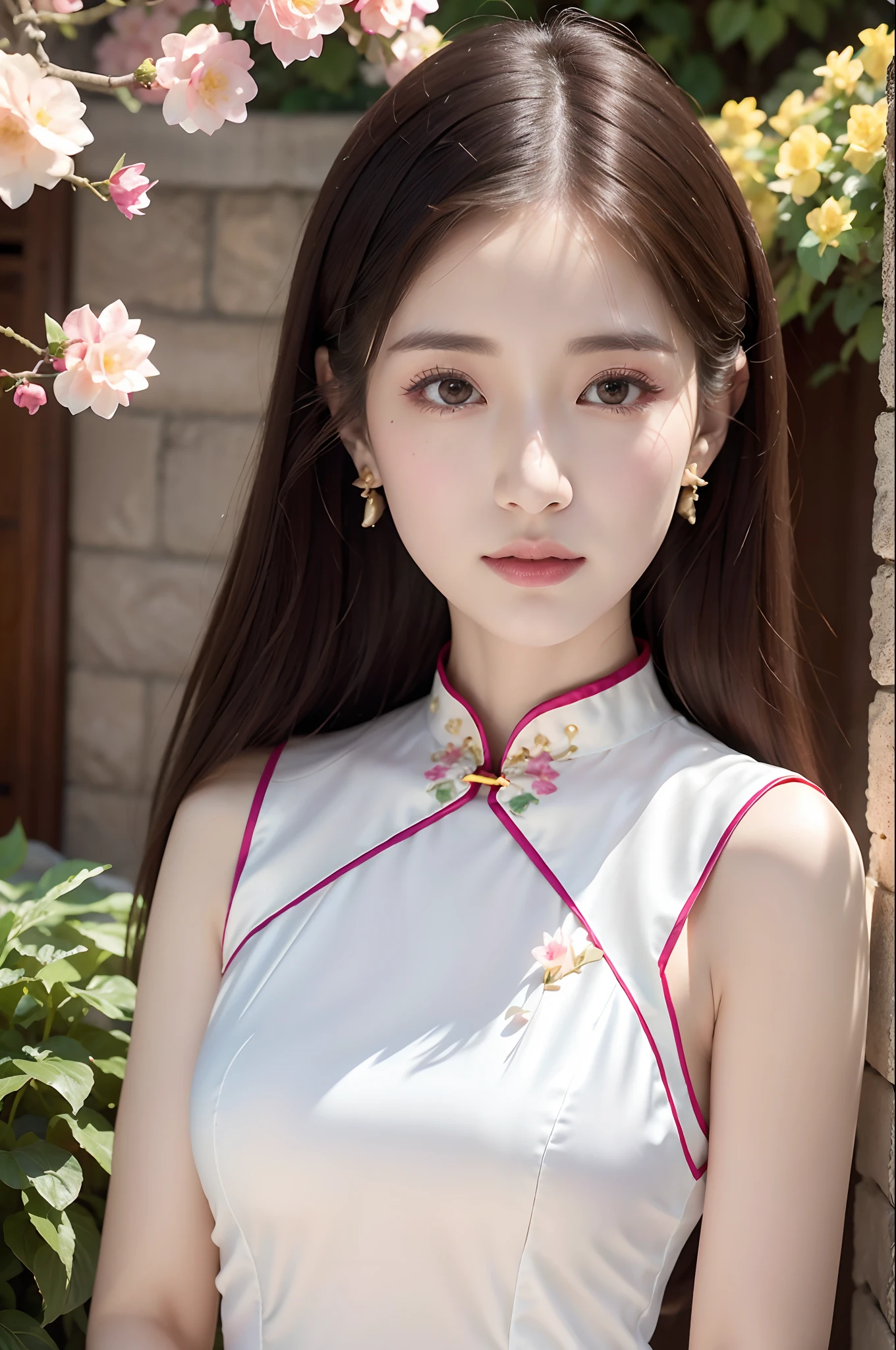 (Masterpiece), Best quality, high resolution, Ultra-detailed, Close-up of people, Chinese white beauty dress, Chinese elegant dress, Exquisite details, The cheongsam is beautiful and elegant, Extremely colorful,The sheen, The dress floats, Dramatic angle, Turn off nature (Close-up), Koi, Warm colors like sunlight focus personal warmth, Champagne, Details are highlighted, Extra-long color band, Open, full bodyesbian, Many detail elements, Pink petals, Sunlight on the skin, glorious, Hairpins, hydrangeas, Dita.