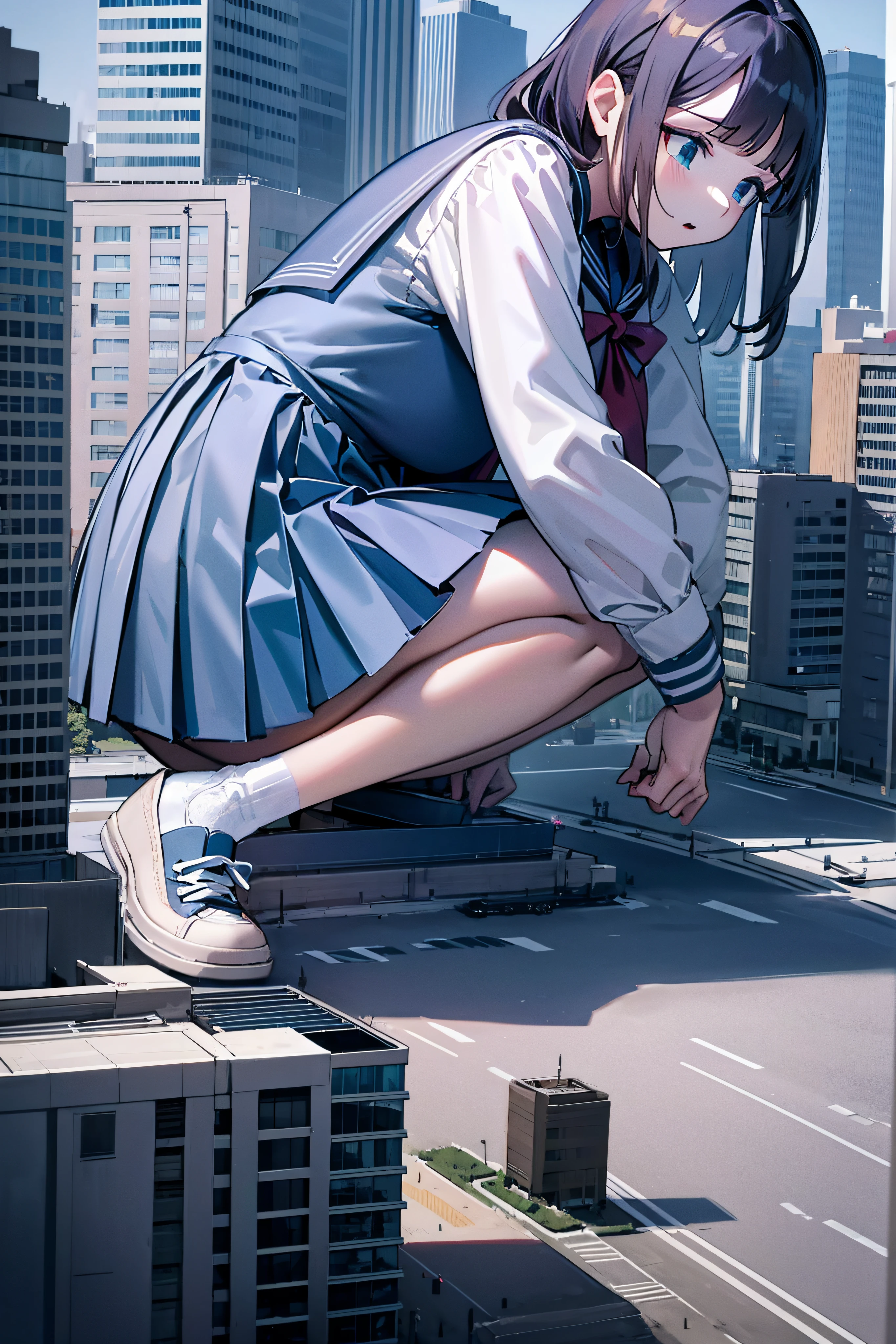 Huge teenage girl in sneakers，A girl taller than a building，a sailor suit，short  skirt,A girl squatting on her knees