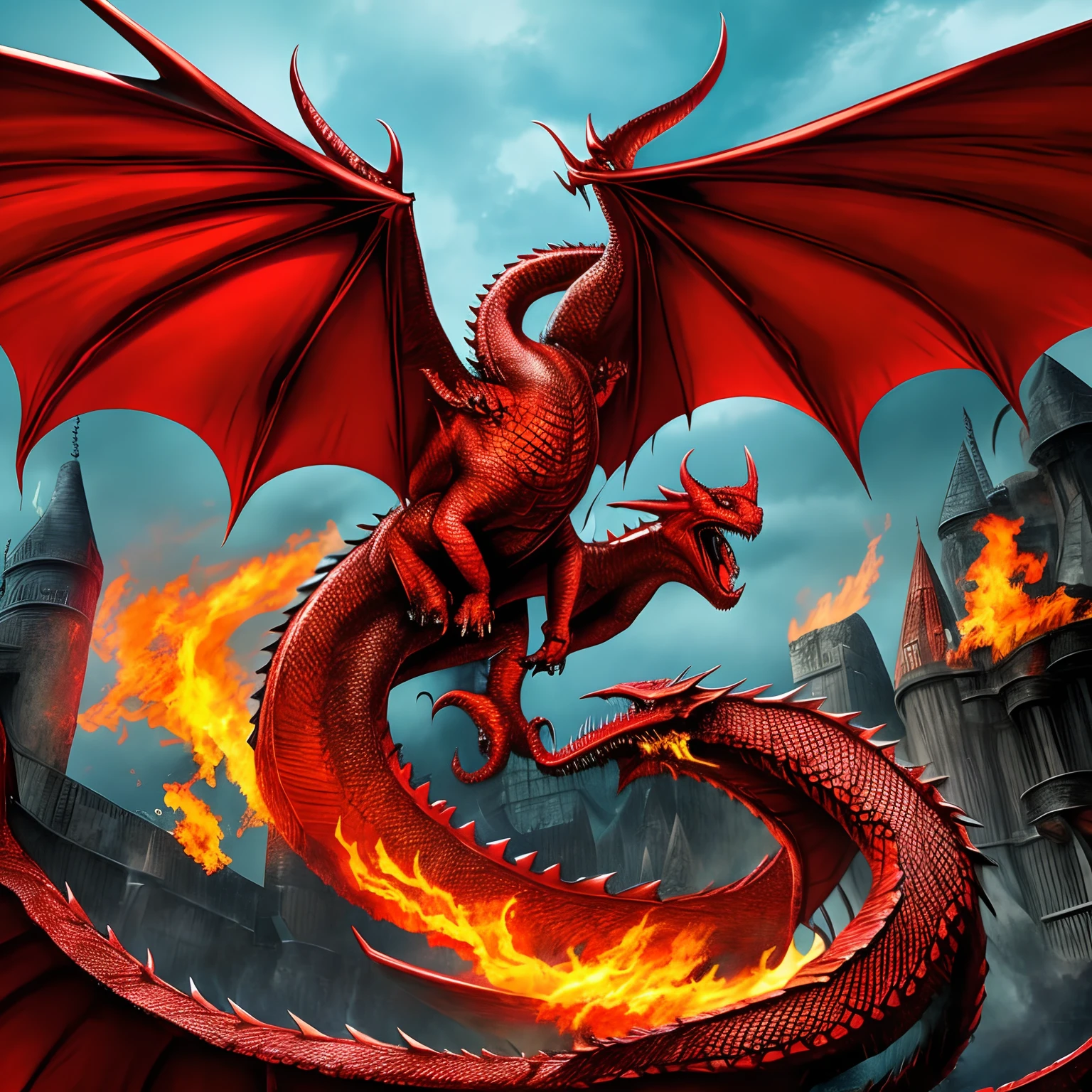 Giant red dragon, spits fire from his mouth and flies in the air