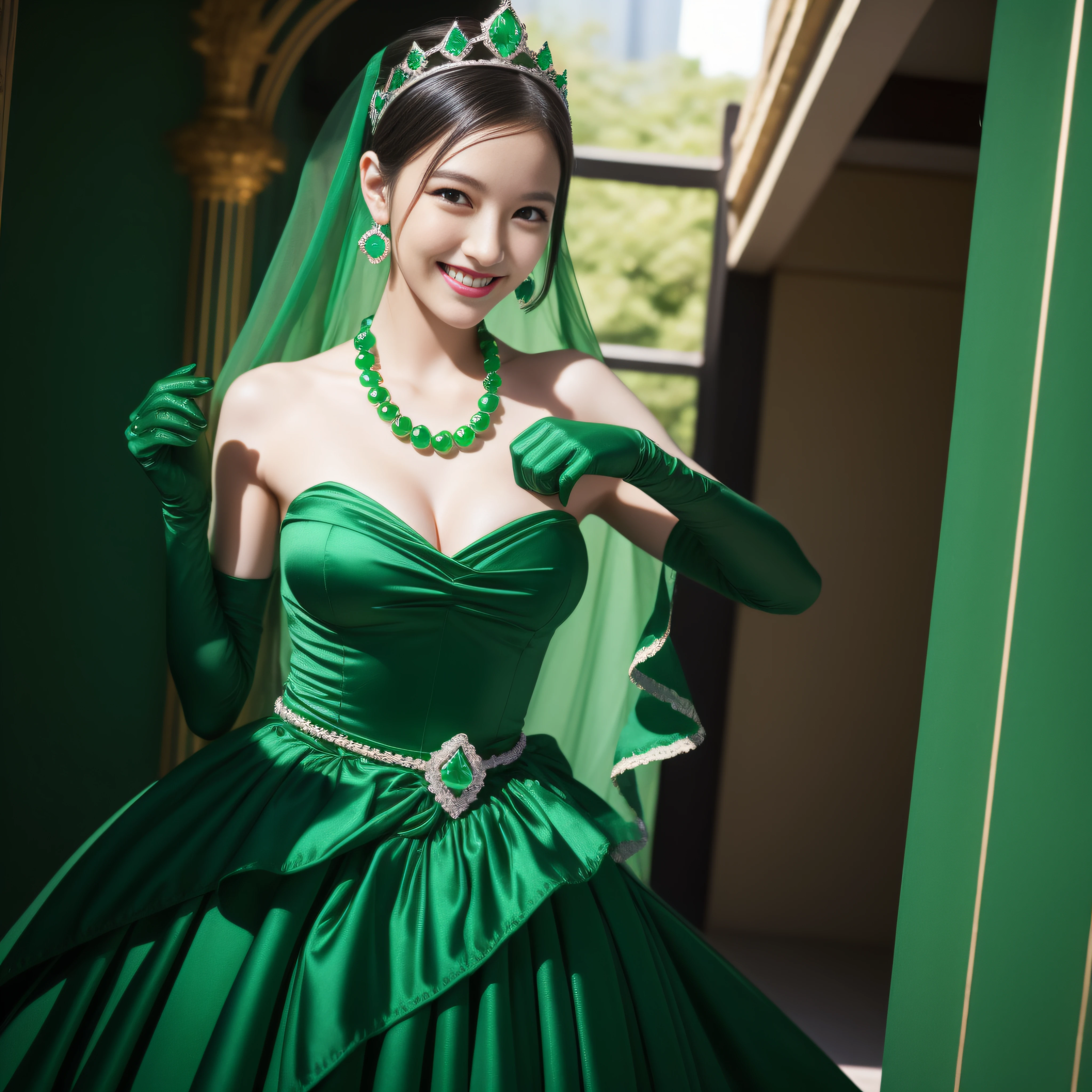 emerald tiara, Green Pearl Necklace, Boyish very short black hair, lipsticks, Japan woman smiling, very short short hair, big breasts beautiful, Green eyes, Long green gloves made of satin material, Green eyes, Emerald Earrings, Green dress