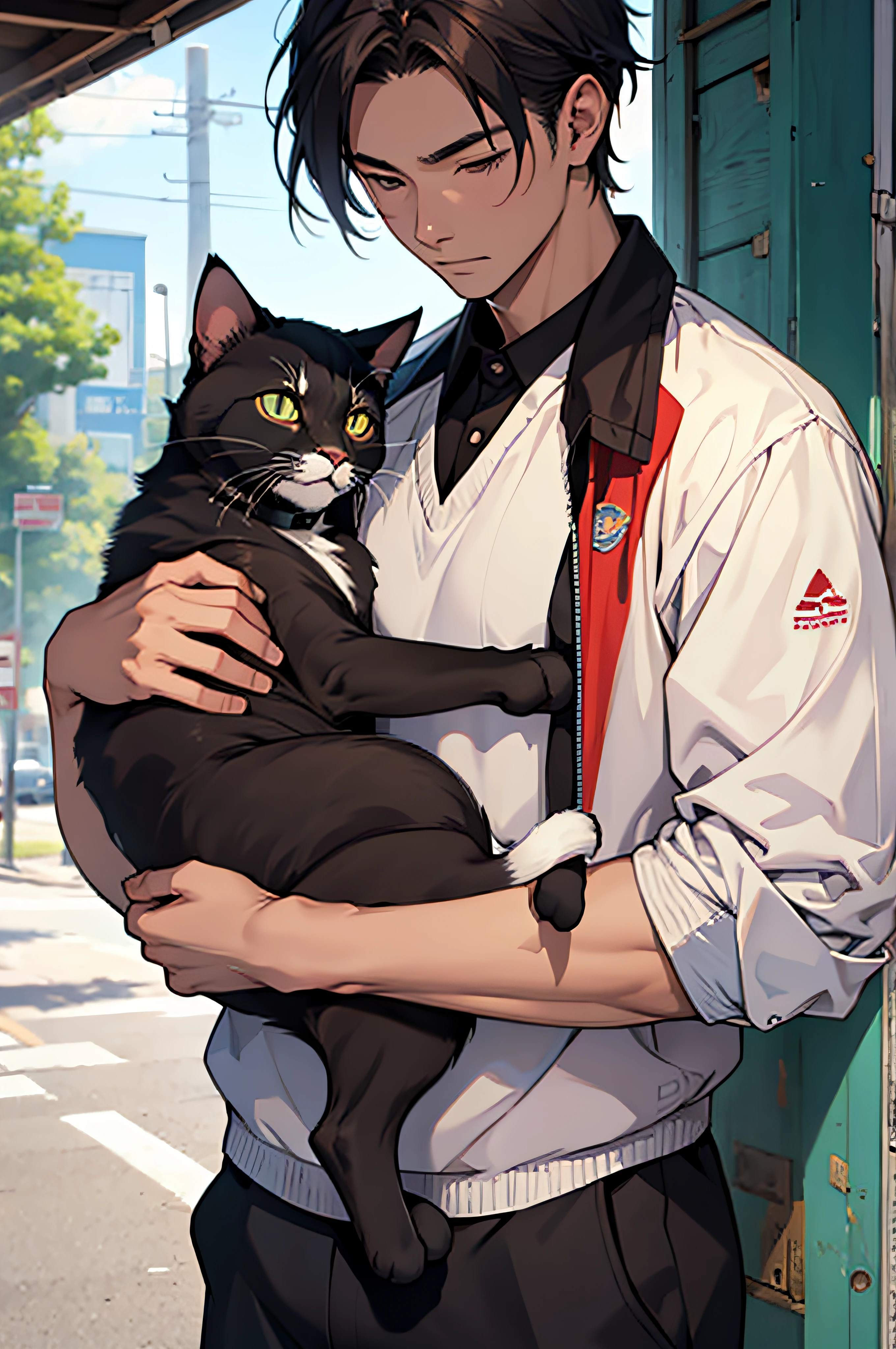 A yong boy is holding a cat