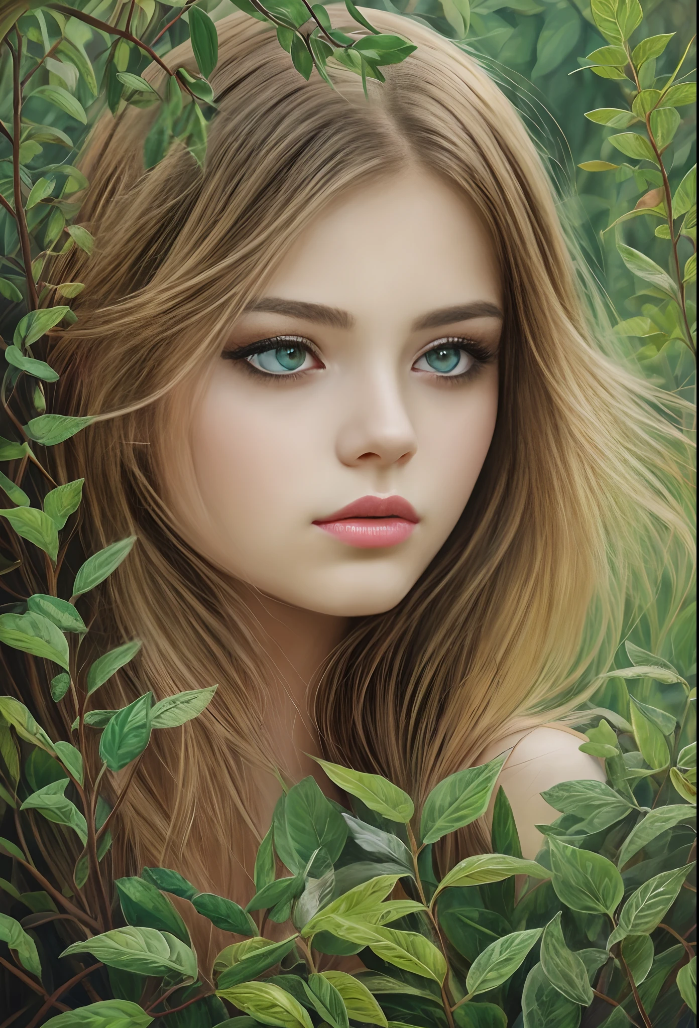 Girl with sad eyes,Green eyes,beautiful detailed lips,Extremely detailed eyes and face,long eyelashes,oil painting,Ultra-detailed,Realistic,Green Garden,serene atmosphere,Masterpiece:1.2,High contrast,soft-lighting --auto --s2