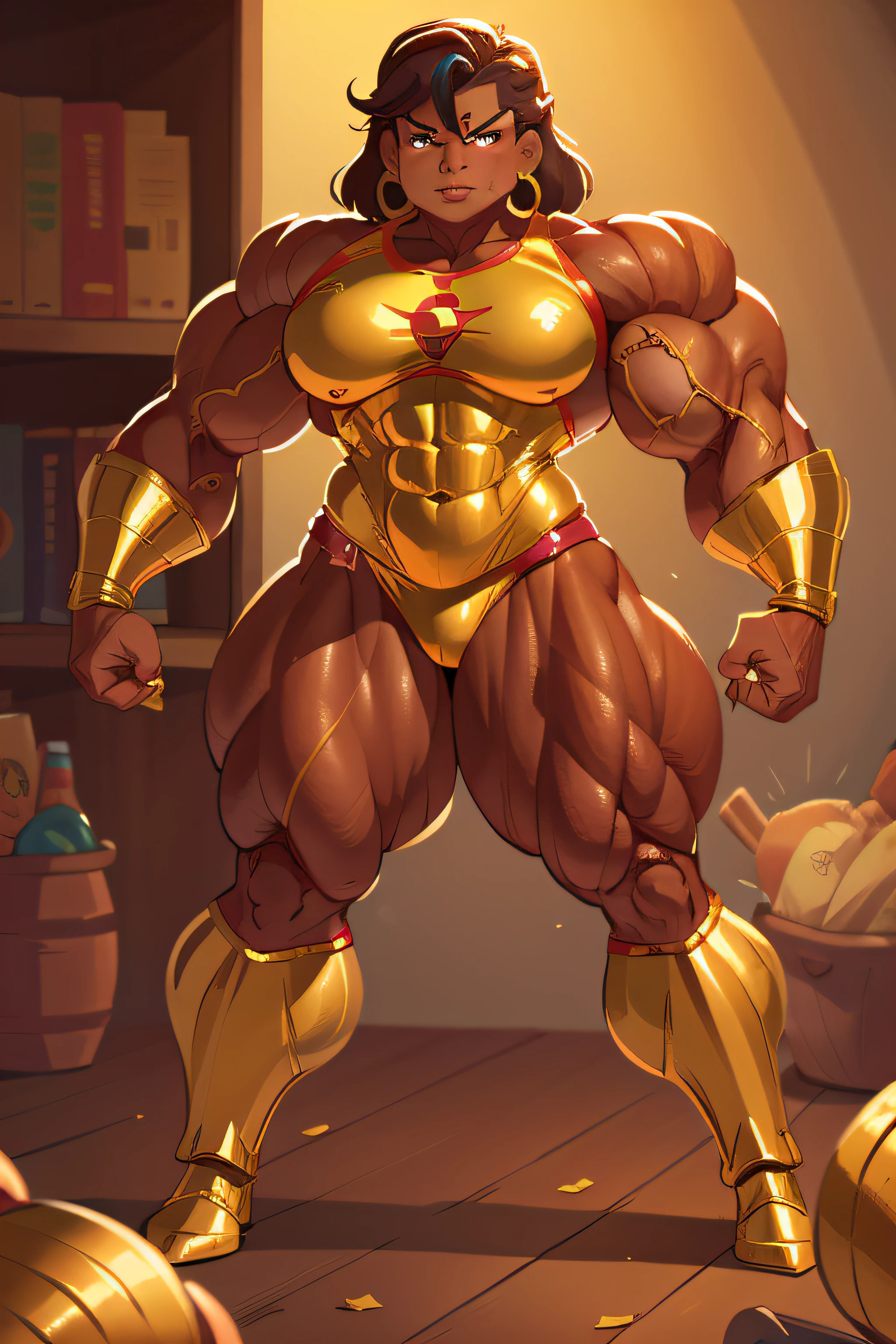 indian muscle woman flexing muscles wearing golden superhero outfit, muscle woman, big muscles, huge muscles, massive muscles, mature woman