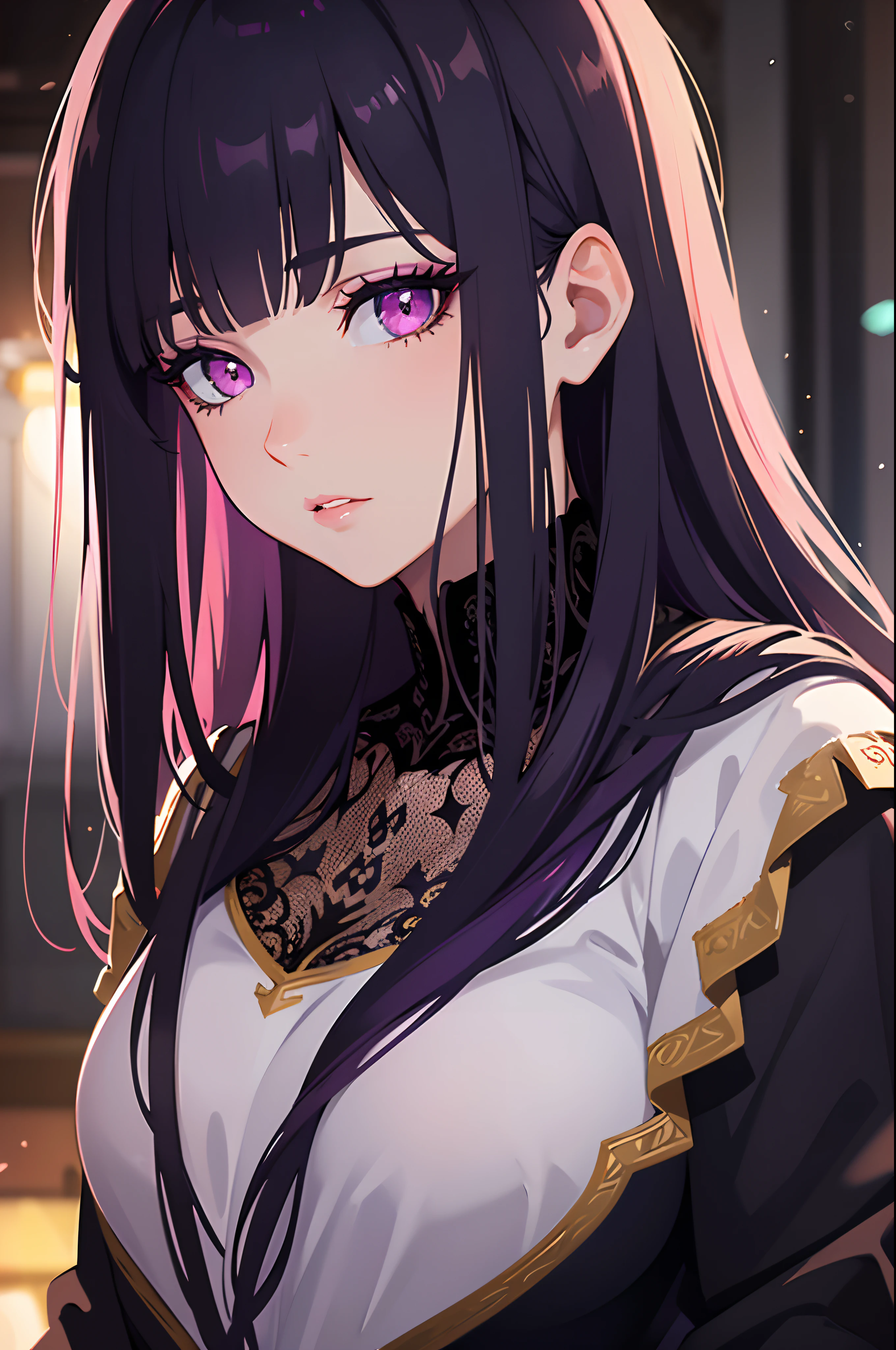 girl,dark violet hair,pink eyes,glowing eyes,straight hair,beautiful detailed eyes,beautiful detailed lips,extremely detailed eyes and face,long eyelashes,romantic lighting,vibrant colors,artistic portrait,realistic style,soft brushstrokes,high resolution,bokeh