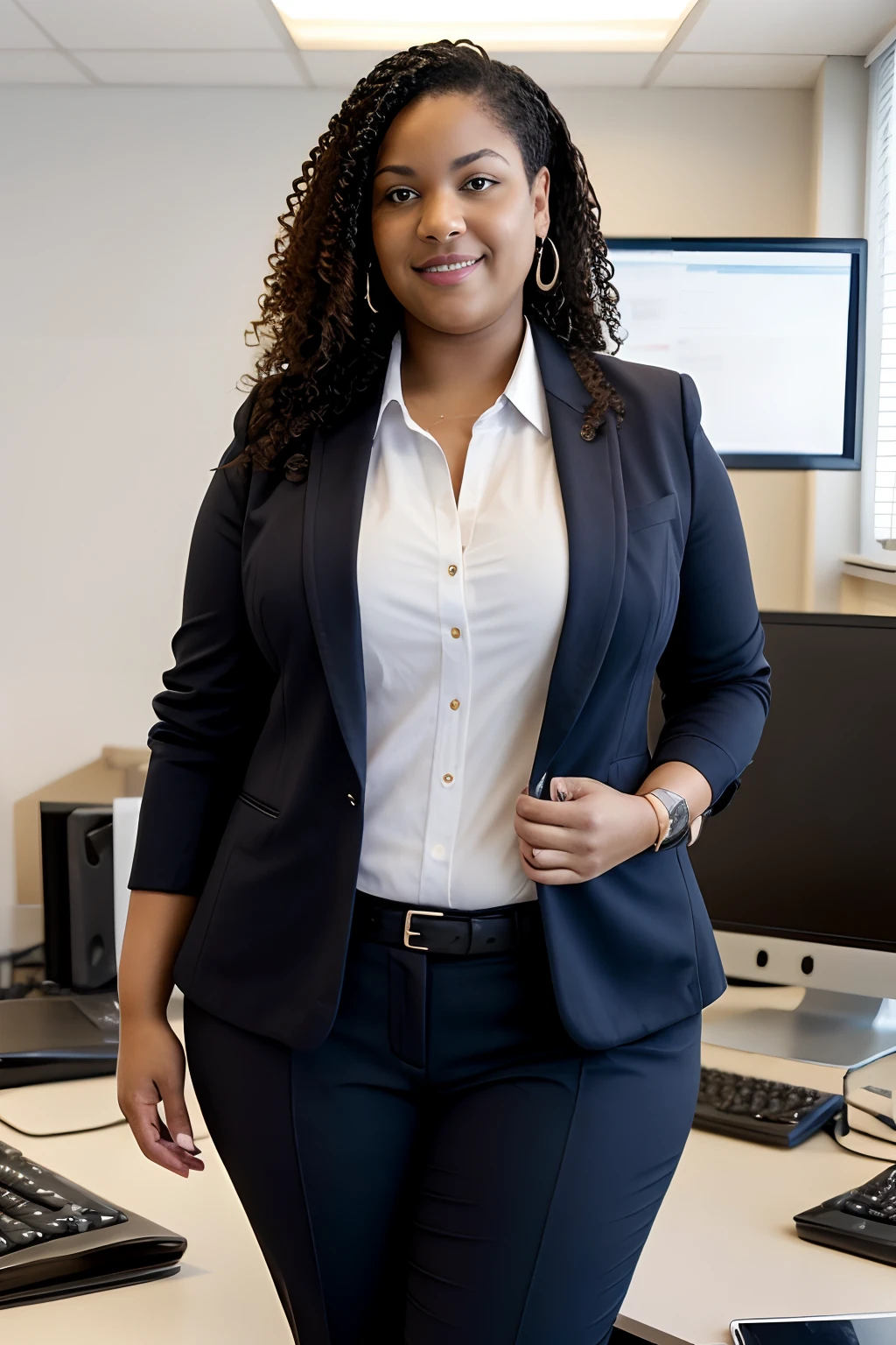 masterpiece, best quality , a plus size (american) female manager posing in the office, wearing blazer, obese, fat, neat,