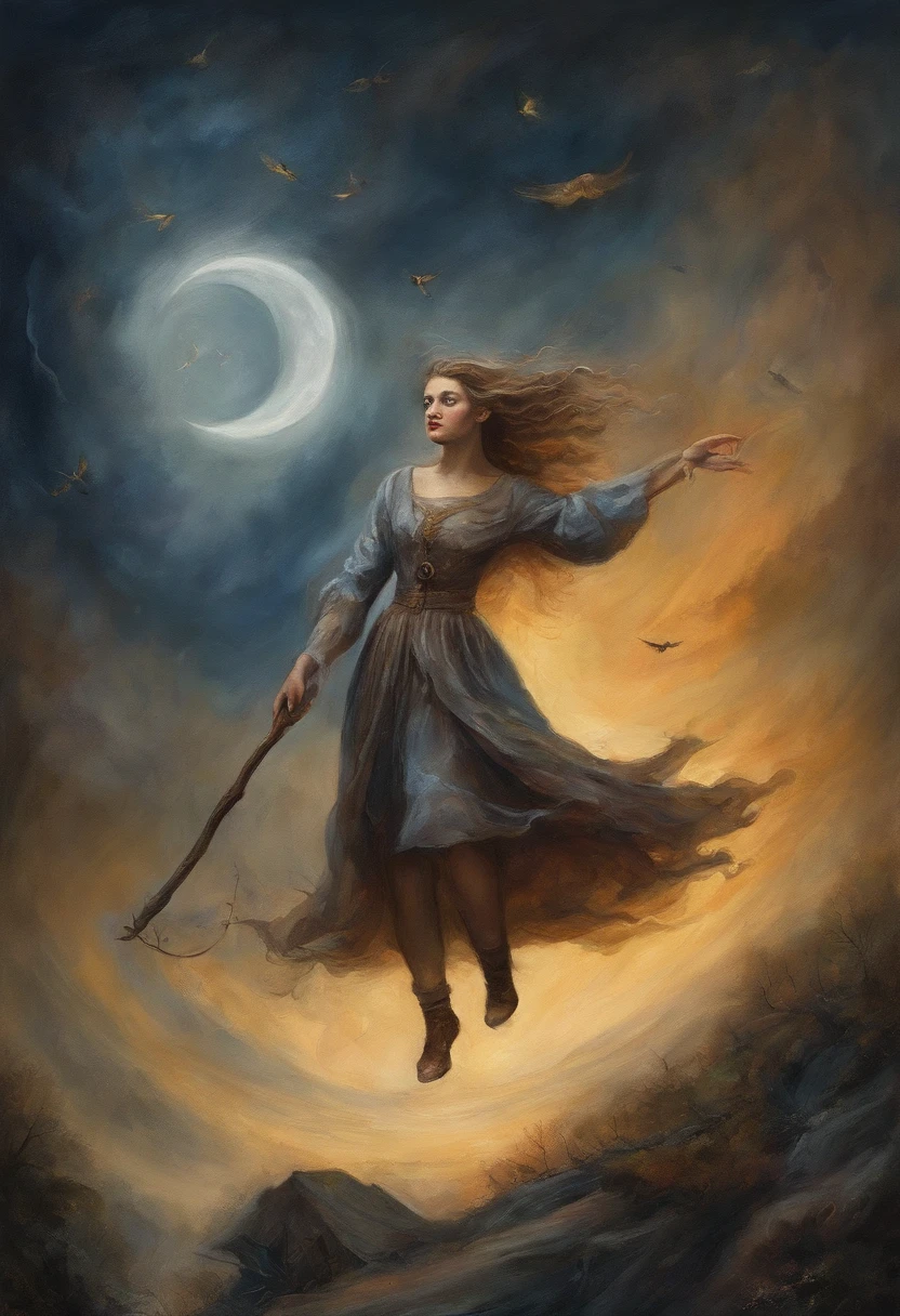 masterpiece, best quality, ultra-detailed, illustration, 1girl, solo, fantasy, flying, broom, night sky, outdoors, magic, spells, moon, stars, clouds, wind, hair, cape, hat, boots, broomstick, glowing, mysterious, enchanting, whimsical, playful, adventurous, freedom, wonder, imagination, determination, skill, speed, movement, energy, realism, naturalistic, figurative, representational, beauty, fantasy culture, mythology, fairy tales, folklore, legends, witches, wizards, magical creatures, fantasy worlds, composition, scale, foreground, middle ground, background, perspective, light, color, texture, detail, beauty, wonder.