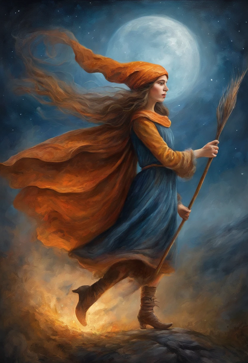 masterpiece, best quality, ultra-detailed, illustration, 1girl, solo, fantasy, flying, broom, night sky, outdoors, magic, spells, moon, stars, clouds, wind, hair, cape, hat, boots, broomstick, glowing, mysterious, enchanting, whimsical, playful, adventurous, freedom, wonder, imagination, determination, skill, speed, movement, energy, realism, naturalistic, figurative, representational, beauty, fantasy culture, mythology, fairy tales, folklore, legends, witches, wizards, magical creatures, fantasy worlds, composition, scale, foreground, middle ground, background, perspective, light, color, texture, detail, beauty, wonder.