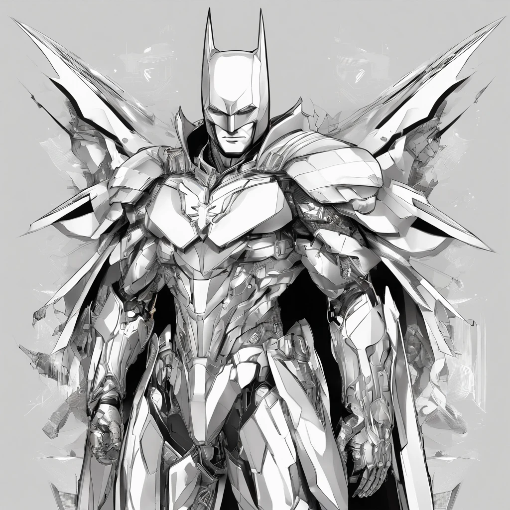 batman in armor with a sword and a cape on his shoulders, intricate assassin mecha armor, elegant smooth silver armor, sleek smooth white plated armor, silver cyber armor, gold and silver armour suit, shiny silver metal armor, arasaka mech, white plated armor, god king of ai art, silver and gold heavy armor, shiny metal armor, white metallic armor