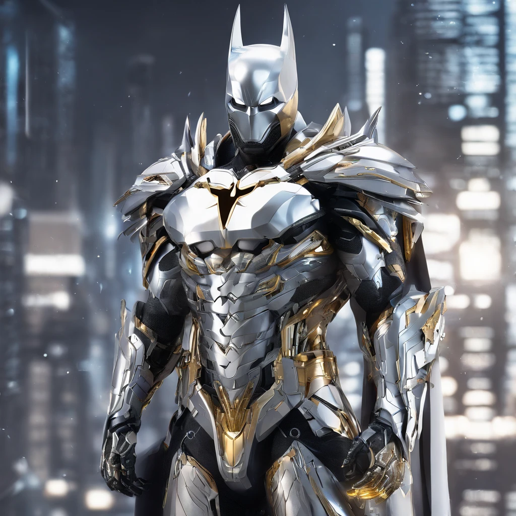 batman in armor with a sword and a cape on his shoulders, intricate assassin mecha armor, elegant smooth silver armor, sleek smooth white plated armor, silver cyber armor, gold and silver armour suit, shiny silver metal armor, arasaka mech, white plated armor, god king of ai art, silver and gold heavy armor, shiny metal armor, white metallic armor
