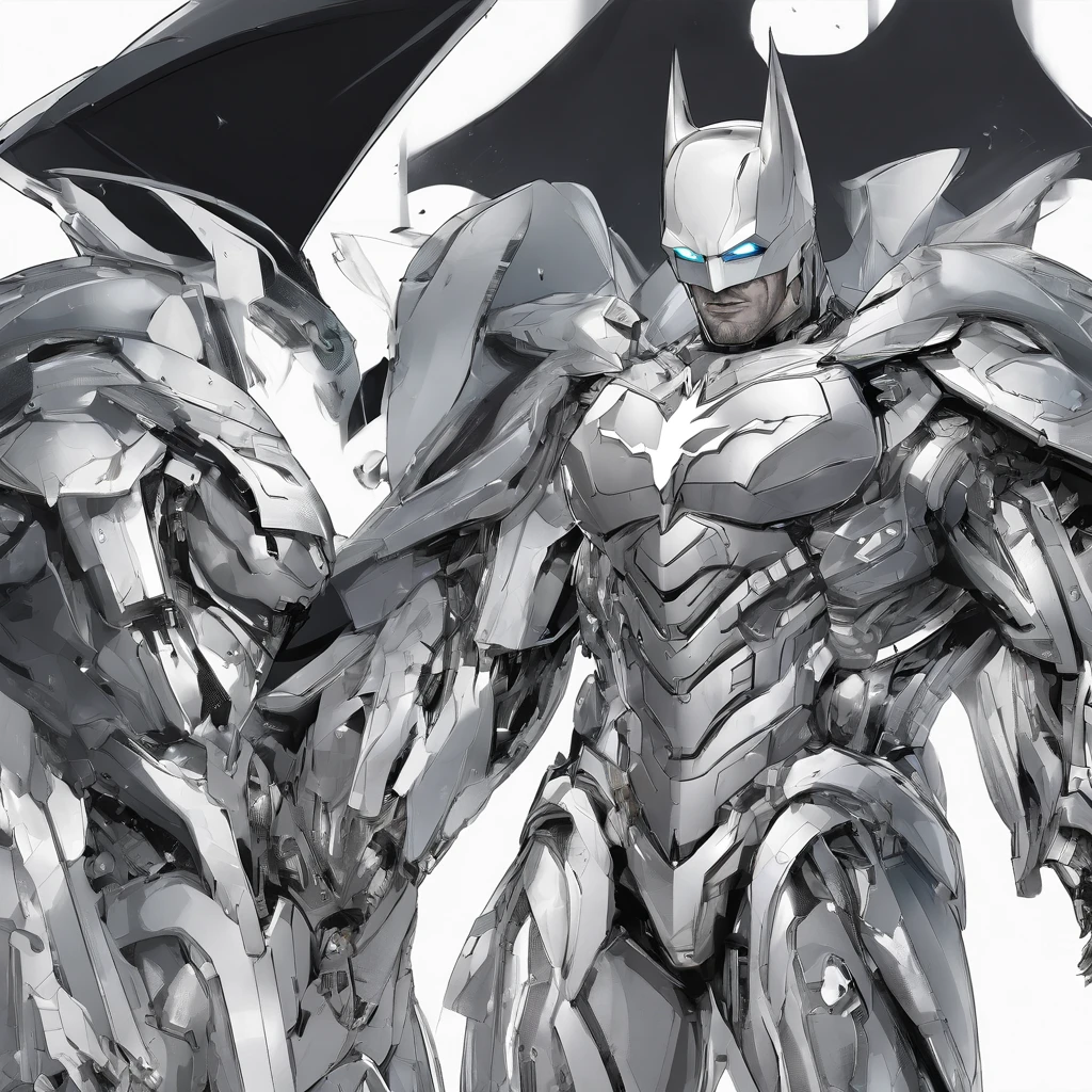 batman in armor with a sword and a cape on his shoulders, intricate assassin mecha armor, elegant smooth silver armor, sleek smooth white plated armor, silver cyber armor, gold and silver armour suit, shiny silver metal armor, arasaka mech, white plated armor, god king of ai art, silver and gold heavy armor, shiny metal armor, white metallic armor