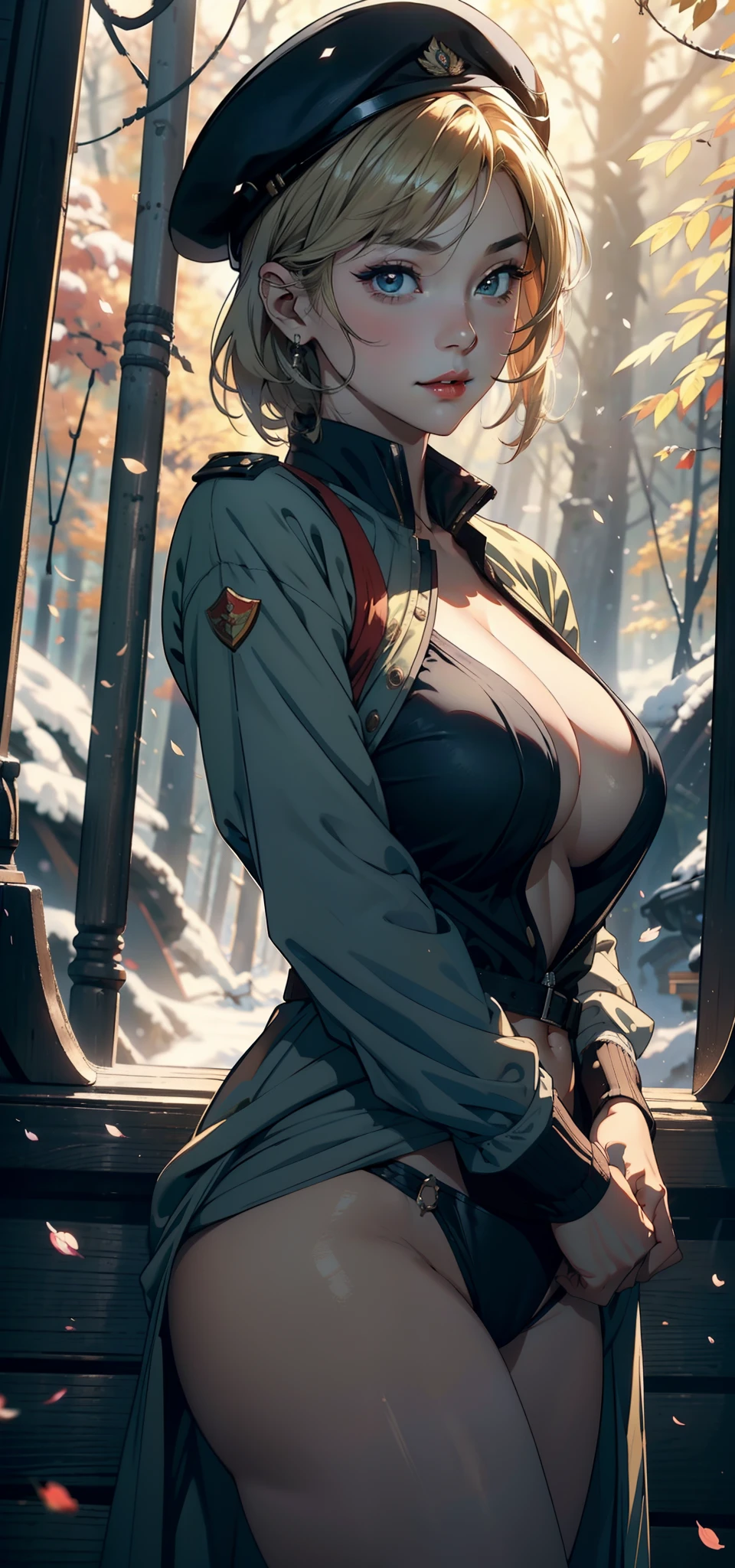 1female，41 years old，熟妇，A MILF ，Married Woman， mature，plumw，extremely large bosom ，Pornographic exposure， 独奏，（Background with：stunning view，coniferous forest，tanks，chariot，Cherry blossom forest）Stand deep in the forest，Snow-white skin， She has short blonde hair，seen from the front， hair straight，（（（tmasterpiece），（Very detailed CG unity 8K wallpaper），best qualtiy，cinmatic lighting，detailed back ground，beatiful detailed eyes，Bright pupils，Redlip（Very fine and beautiful），（Beautiful and detailed eye description），ultra - detailed，tmasterpiece，）），facing at camera，A high resolution，ultra - detailed），revealing breasts，Bare genitalia，  Bulge，legs are open，Raised sexy，Camel toes，Flushed complexion，World War II American officer，frontage，（Wearing：beret，Green baseball jacket，Black tights）