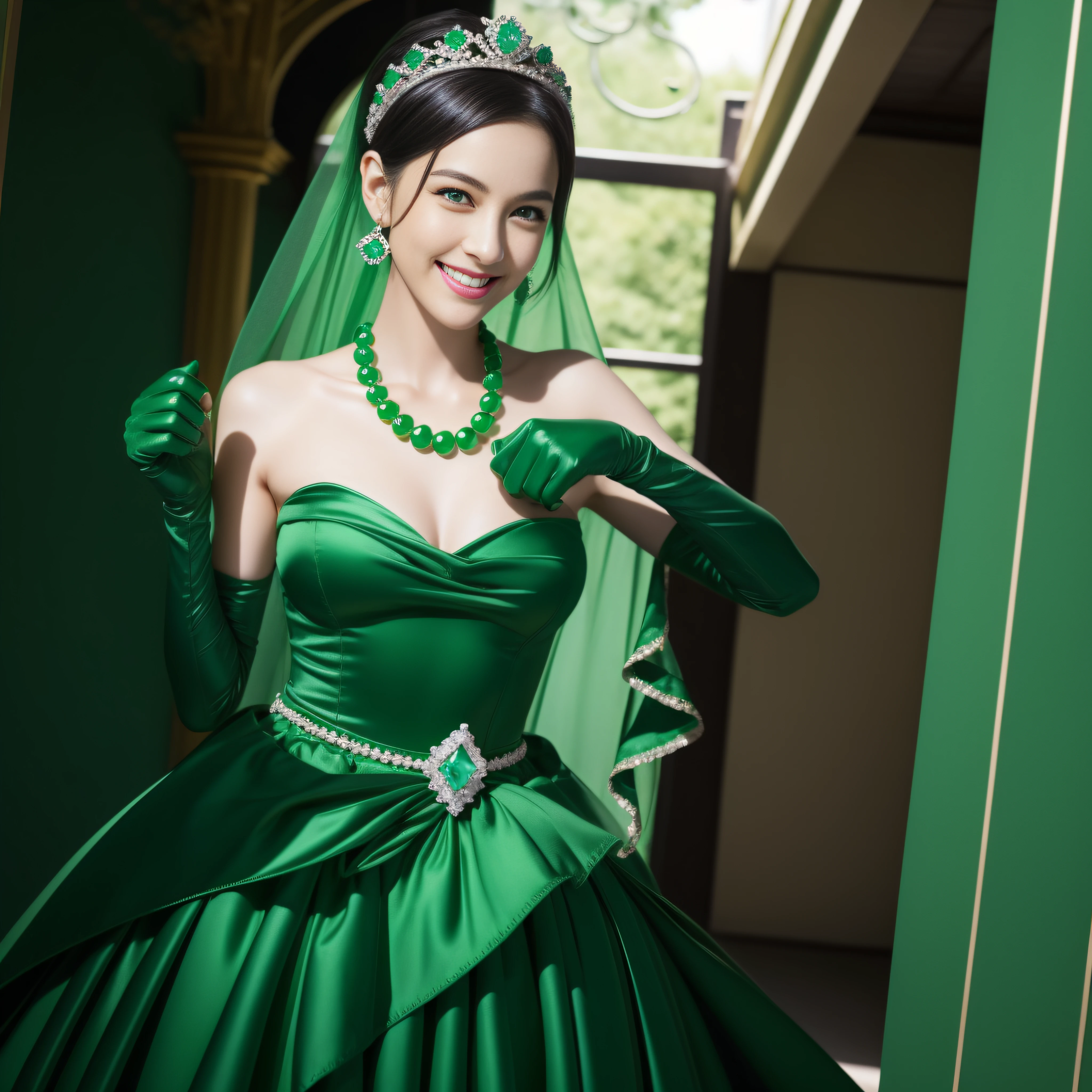 emerald tiara, Green Pearl Necklace, Boyish very short green hair, lipsticks, Japan woman smiling, very short short hair, fist, big breasts beautiful, Green eyes, Long green gloves made of satin material, Green eyes, Emerald Earrings