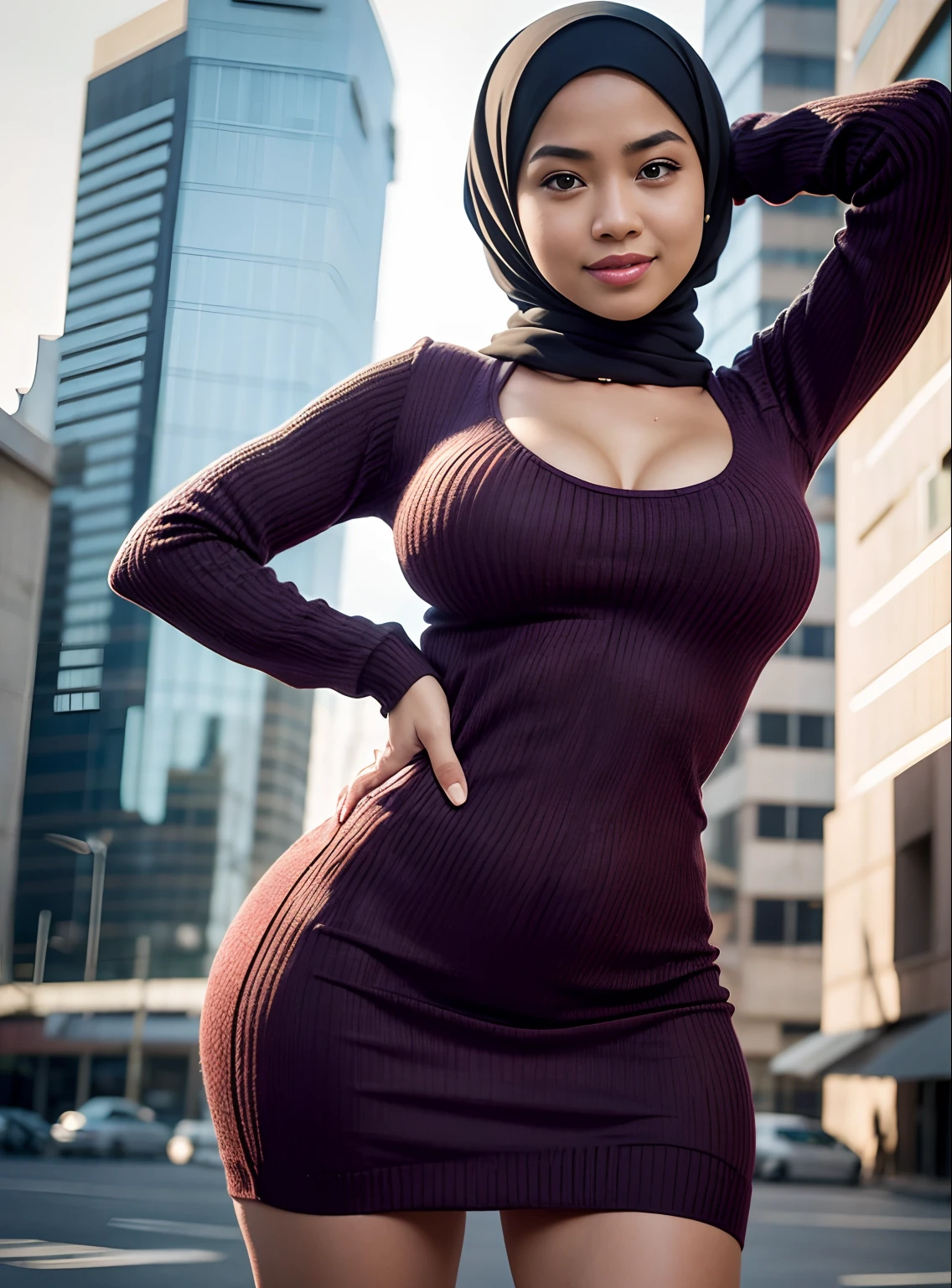 1 malay woman in hijab,((Tight knitted dresses)),(Small buttocks),Emphasize ass,Smaller chest,Clothes are sheer,Smiling smile, (hijab flying), de pele branca,big breasts thin waist,Japanese-style street, Hyper-Realism, Cinematic lighting, depth of fields, From below, vanishing point, F/2.8, Anatomically correct, Textured skin, Super Detail, awardwinning, Best Quality, hight resolution,