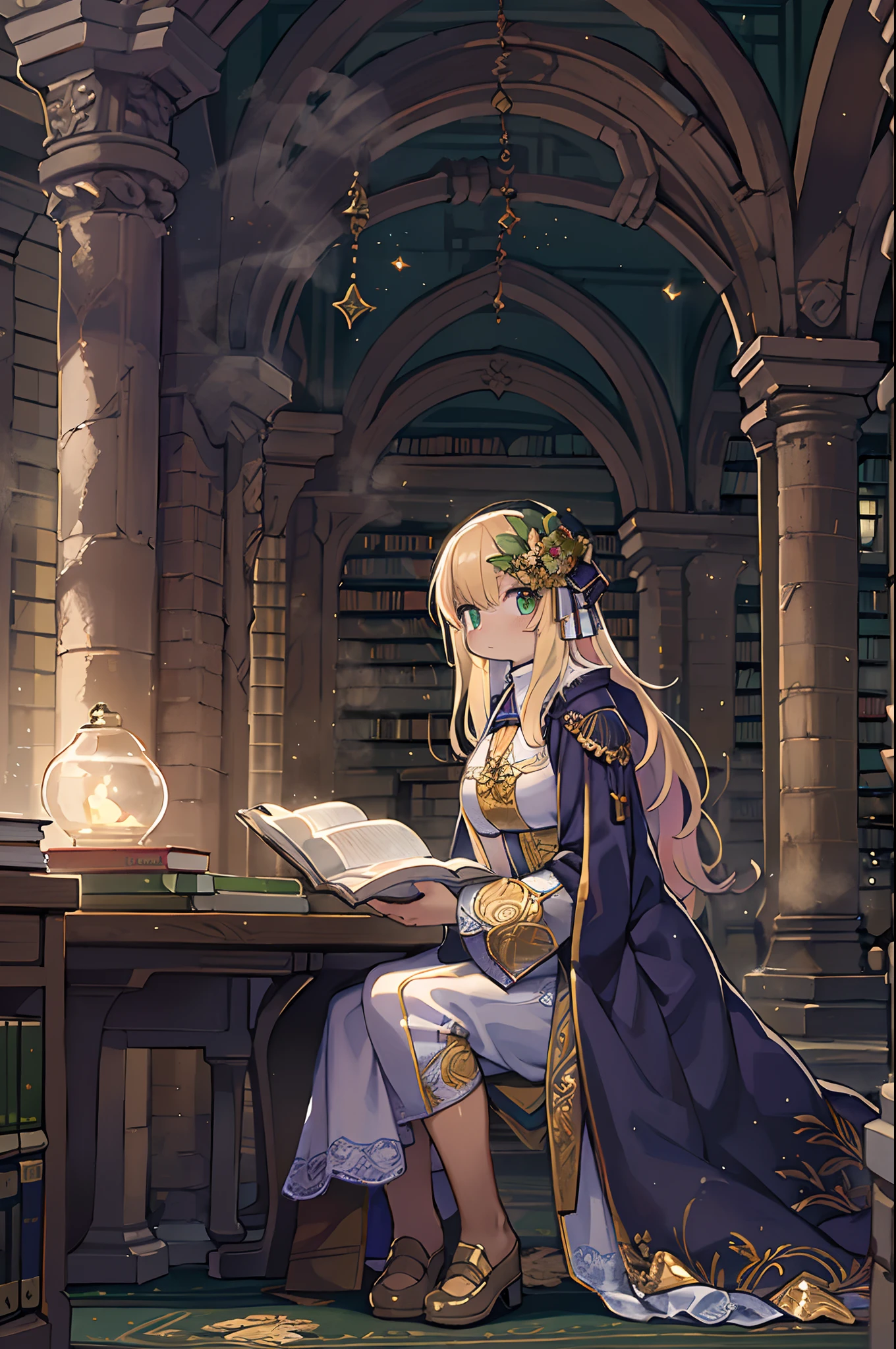 (((masutepiece, Highest Quality, High Definition, high detailing)))), One, ((Fantasy)))), (Elven Woman)))), (White short skirt with gold embroidery), (Blonde long straight hair), (shiny dark green eyes), (Green surcoat with gold embroidery), Big, (((National Library of the Royal Capital)), (Large space with many books)), Sit in a chair and read a book , Particles of light flying
