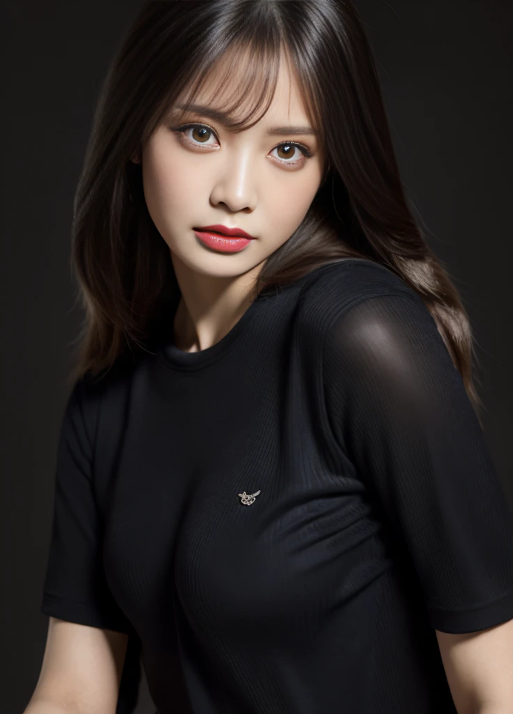 masterpiece,best quality, (one milf), ((portrait:1.5)), ((look down, looking at the viewer)), makeup, elegant black shirt, straight hair, ((seduction expression)),