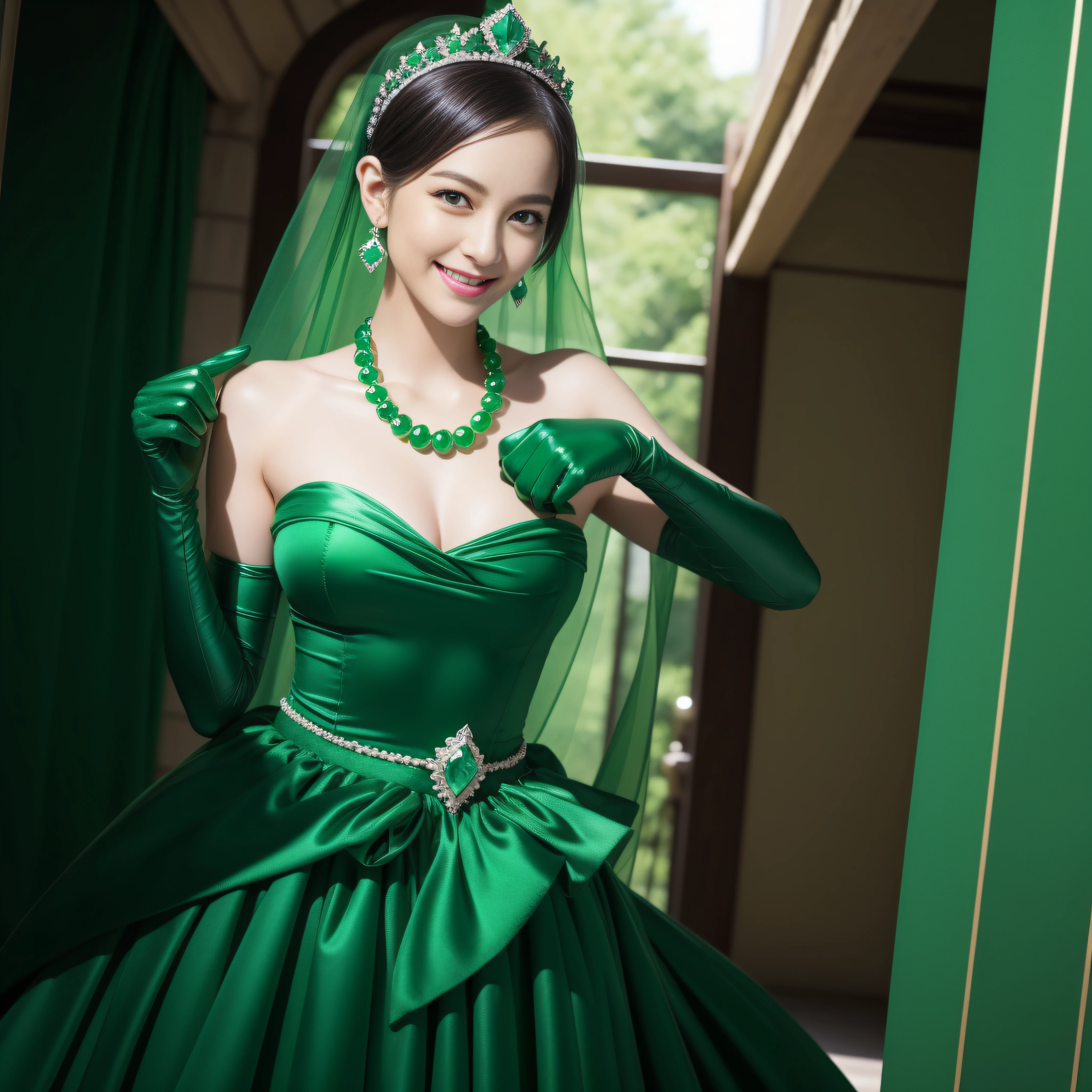 emerald tiara, Green Pearl Necklace, Boyish very short green hair, lipsticks, Japan woman smiling, very short short hair, fist, big breasts beautiful, Green eyes, Long green gloves made of satin material, Green eyes, Emerald Earrings