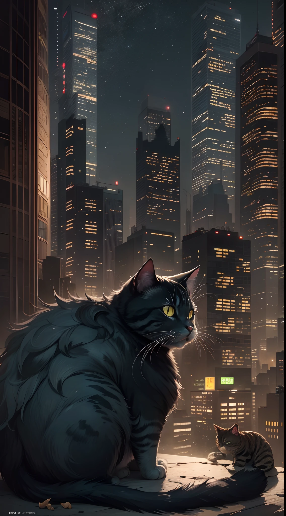 In a bustling city,
break
Cat hall in a skyscraper々and sitting. It surveys its territory with the air of conquerors. Its eyes shine with inner fire, Piercing the veil at night. Its fur, Black as the night sky, Twinkle under the city lights. Cats are the undisputed rulers of this urban jungle.