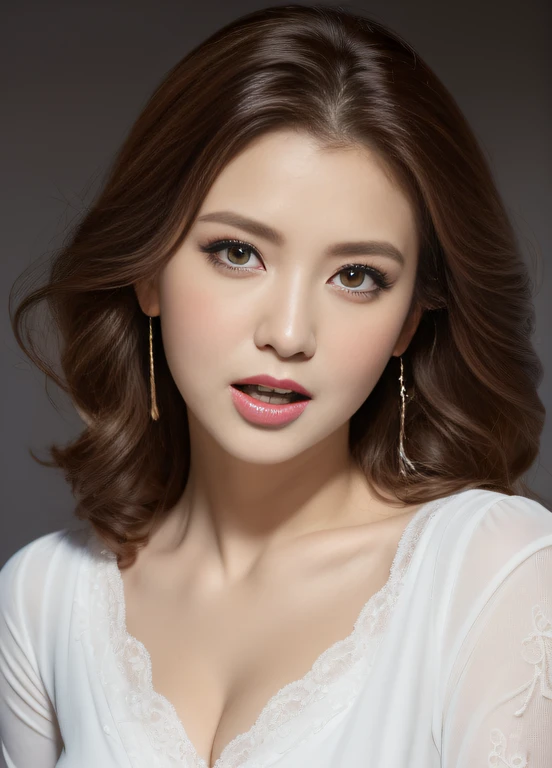 masterpiece,best quality, (one milf), ((portrait:1.5)), ((look down, looking at the viewer)), makeup, elegant blouse, wavy hair, ((open mouth)),