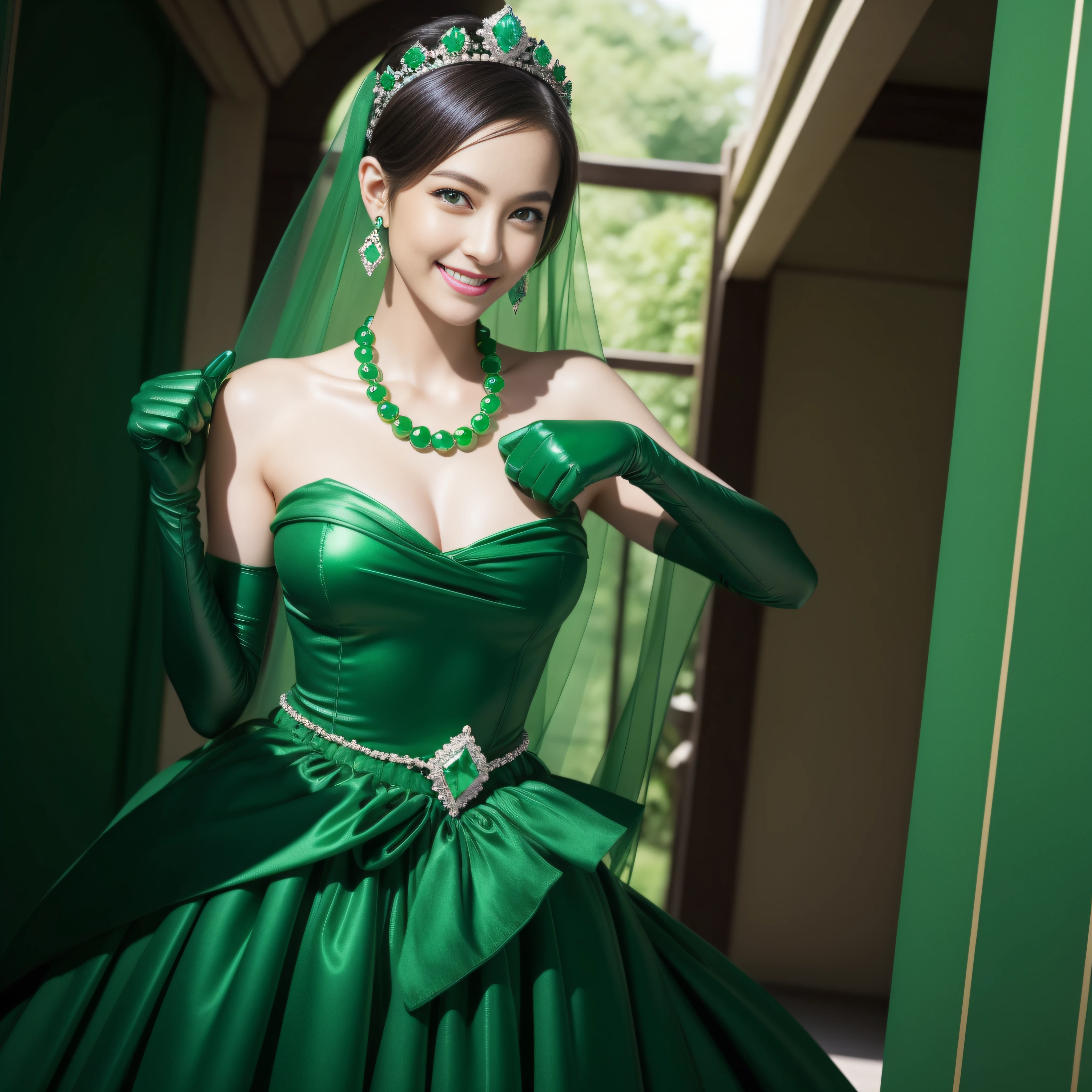 emerald tiara, Green Pearl Necklace, Boyish very short green hair, lipsticks, Japan woman smiling, very short short hair, fist, big breasts beautiful, Green eyes, Long green gloves made of satin material, Green eyes, Emerald Earrings