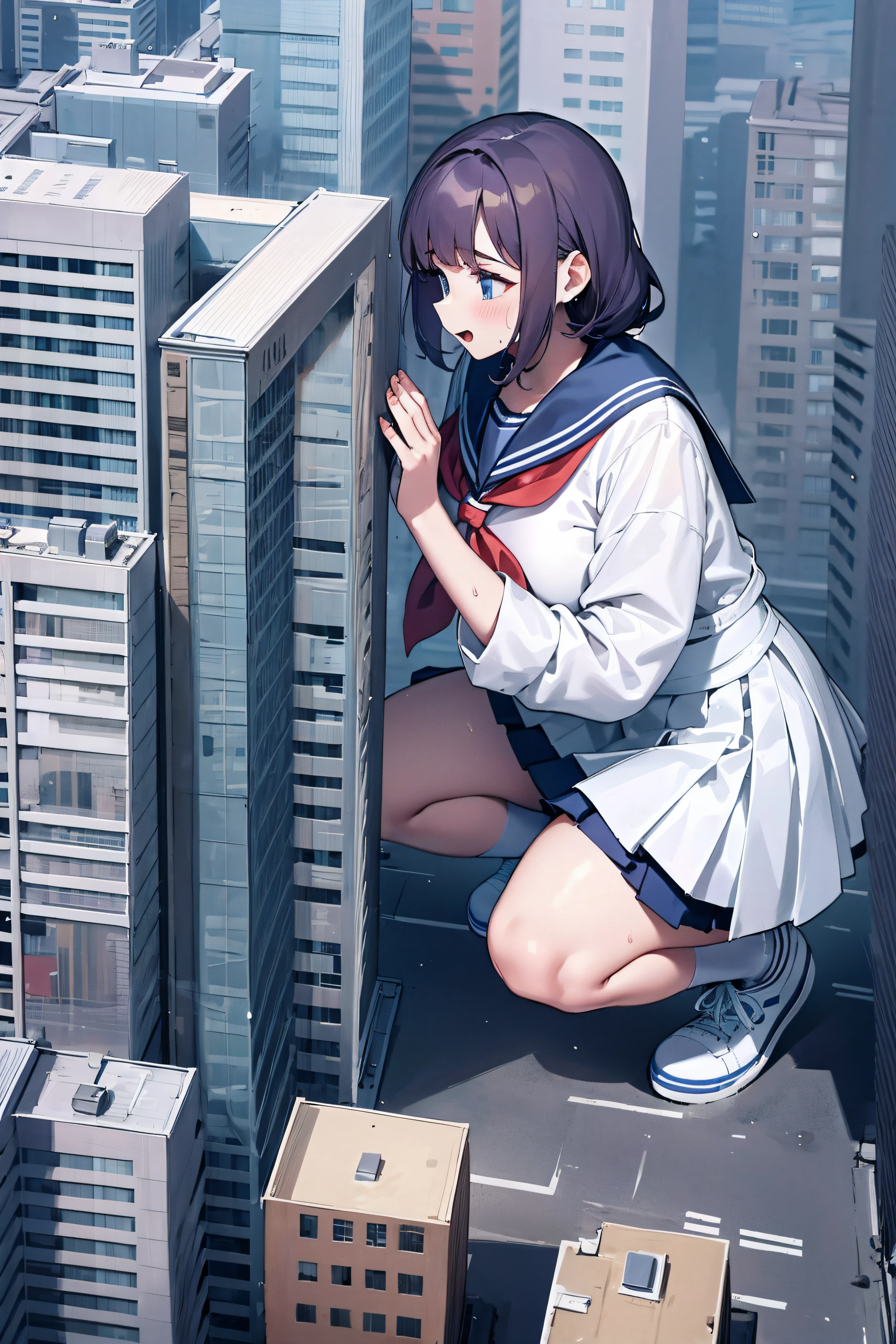 Huge teenage girl in sneakers，A girl taller than a building，a sailor suit，short  skirt,A girl squatting on her knees，sweat leggs