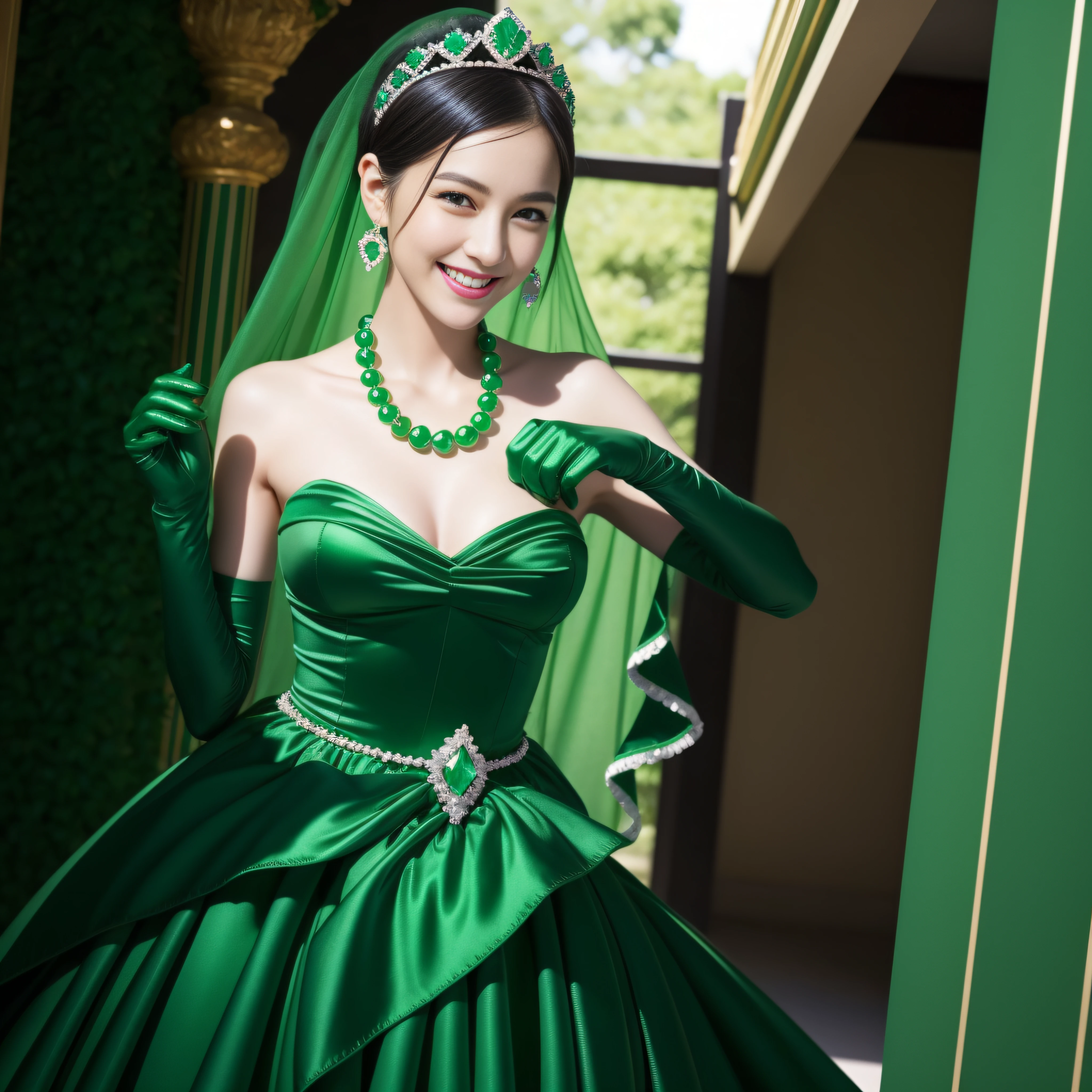 emerald tiara, Green Pearl Necklace, Boyish very short black hair, lipsticks, Japan woman smiling, very short short hair, big breasts beautiful, Green eyes, Long green gloves made of satin material, Green eyes, Emerald Earrings, Green dress