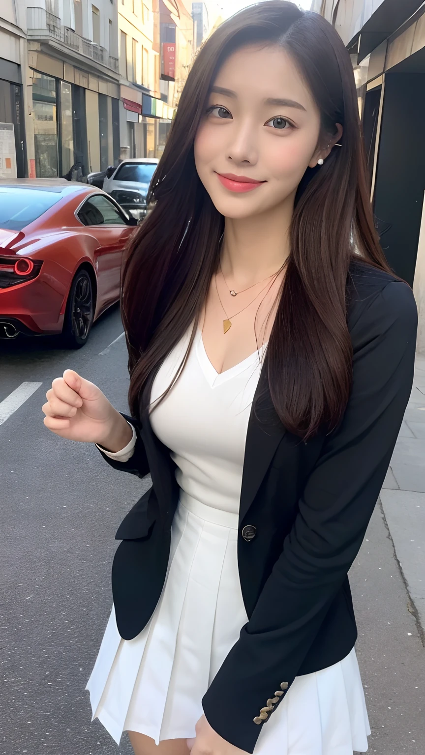 ((highest quality, 8K, masterpiece :1.3)), 1 girl, (smile:1.1) ,whole body, slim face, Beautiful woman, (perky firmed breasts), (dark brown hair), (Formal blouse、flare skirt :1.5), highly detailed face, fine eyes, double eyelid, slim face, TV Anchor woman, light shines on your face,