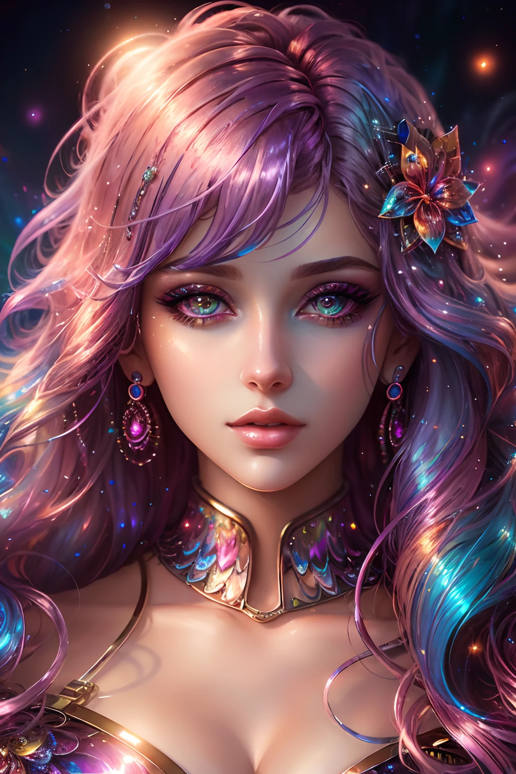 a close up of a woman with colorful hair, dreamy girl, shiny metallic clothes, 4k highly detailed digital art, stunning digital illustration, 8k stunning artwork, colorfull digital fantasy art, colorful and dark, beautiful digital artwork, colorful digital painting, glowwave girl portrait, 8k hd wallpaper digital art, gorgeous digital painting