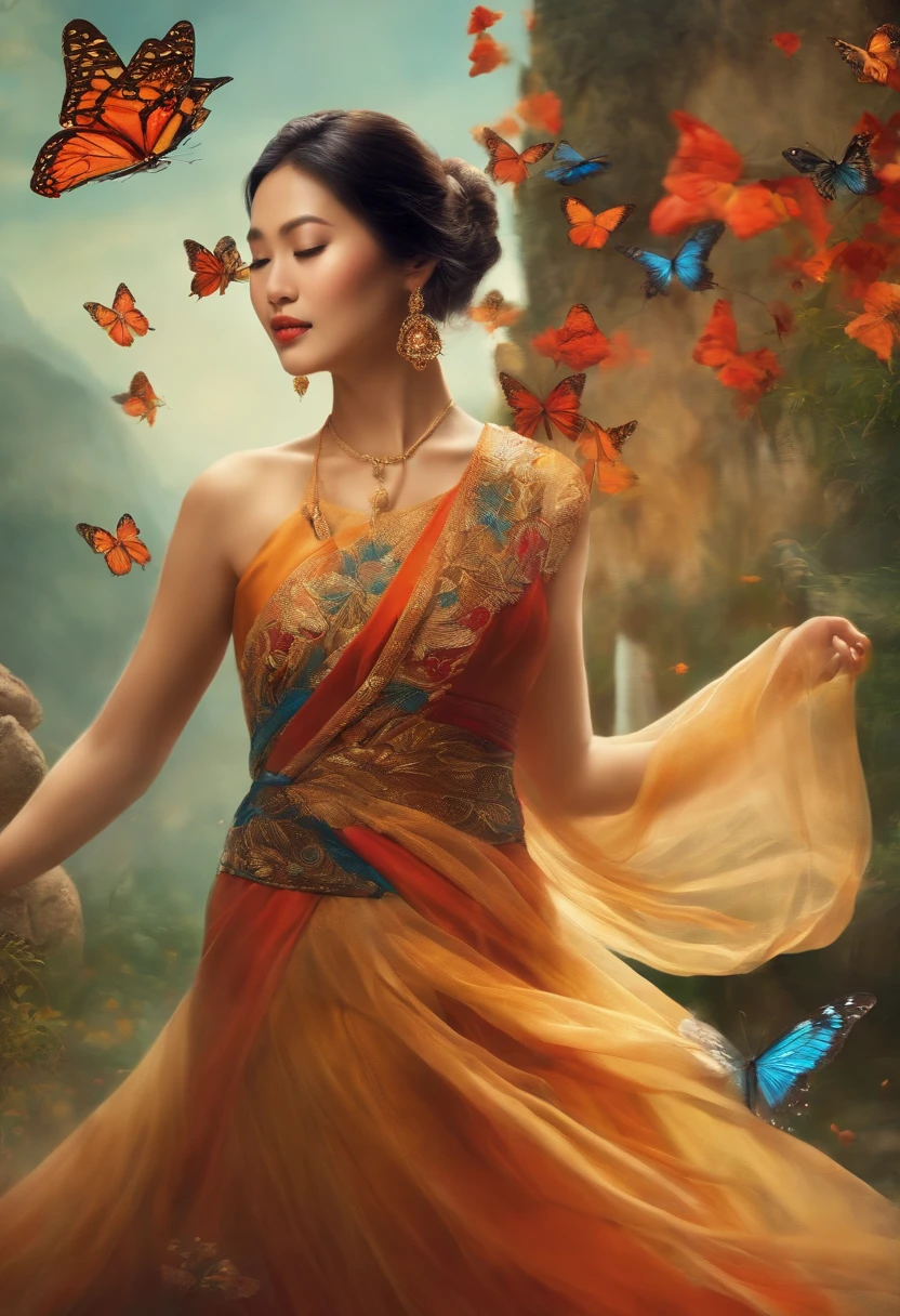 an Asian woman dancing with butterflies, looking for a samuray