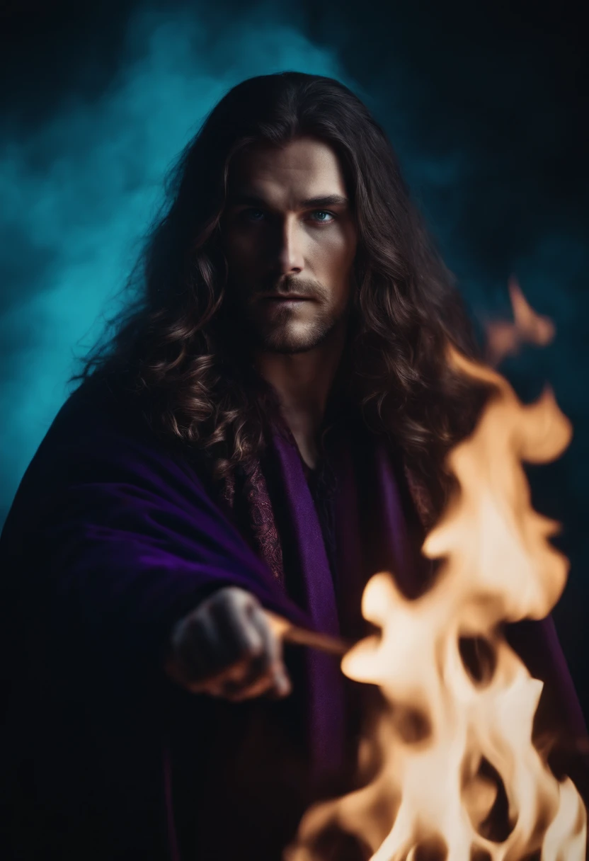 Man with long hair. magic. purple cloak. Cyan eyes. fire