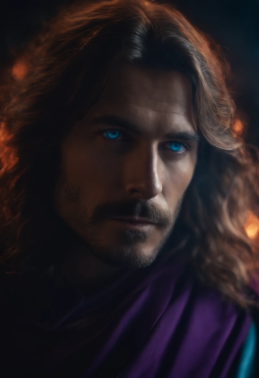 Man with long hair. magic. purple cloak. Cyan eyes. fire